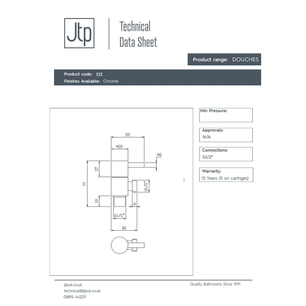 Precision technical drawing of Bubly Bathrooms shower valve with chrome finish, detailed measurements, connections, and specifications.