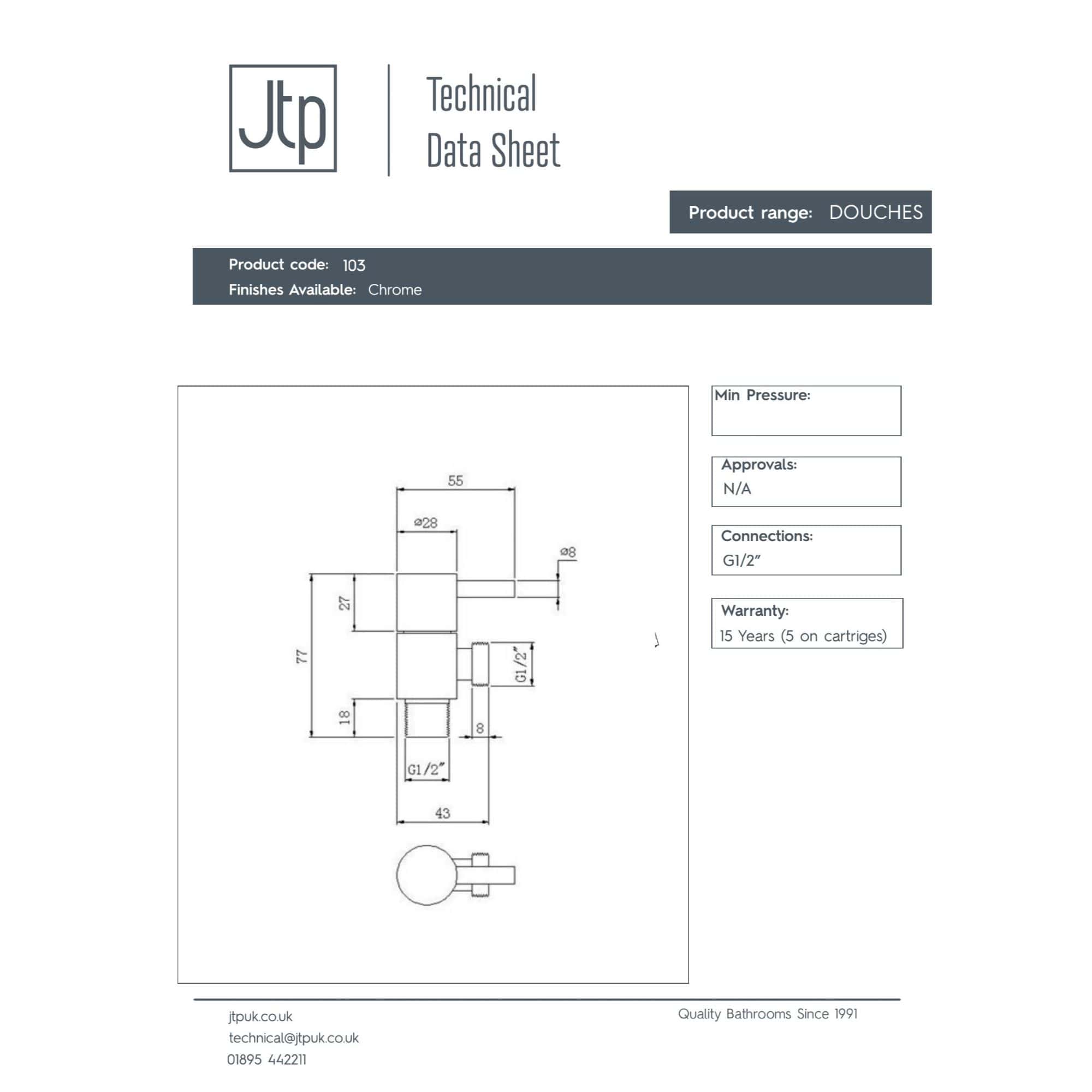 Precision technical drawing of Bubly Bathrooms shower valve with chrome finish, detailed measurements, connections, and specifications.