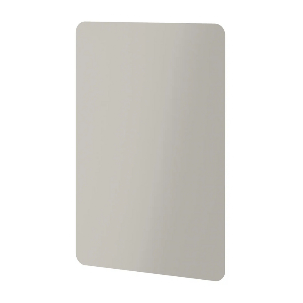 Sleek modern bathroom mirror with rounded edges, ideal for contemporary wet room designs and bathroom renovations. Perfect for enhancing light and space in any bathroom setting.