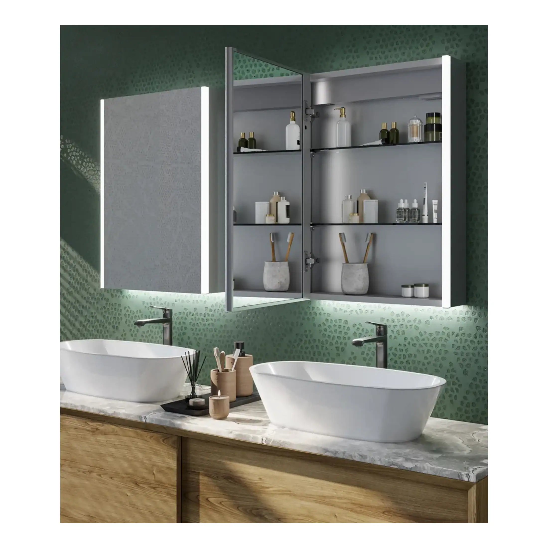 Sleek modern bathroom vanity with double vessel sinks, illuminated wall mirror cabinet for bathroom storage, and a textured green feature wall, creating a stylish and functional bathroom space.