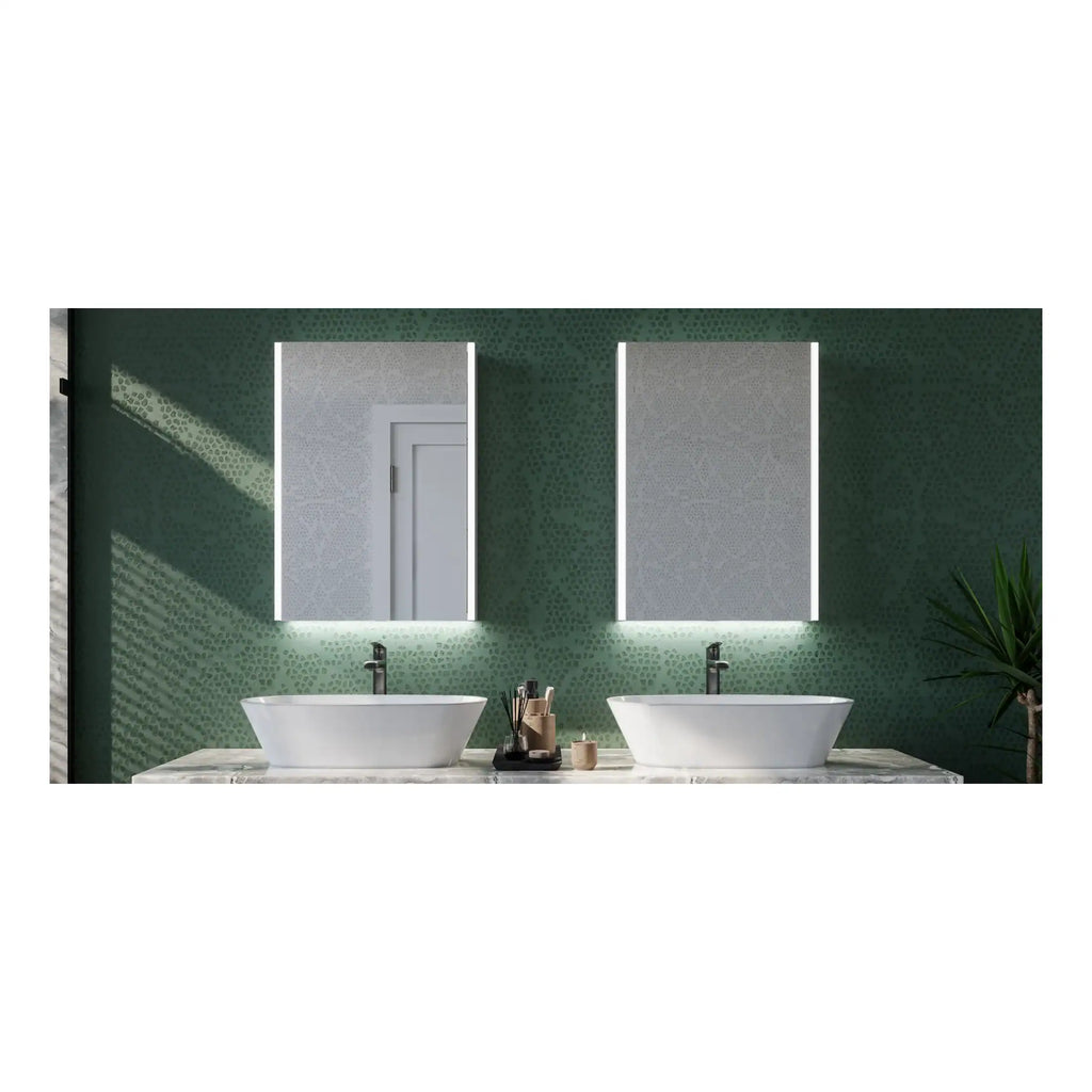 Luxurious double bathroom vanity with modern vessel sinks, backlit mirrors, and a stylish green textured wall, creating an elegant and contemporary bathroom space.