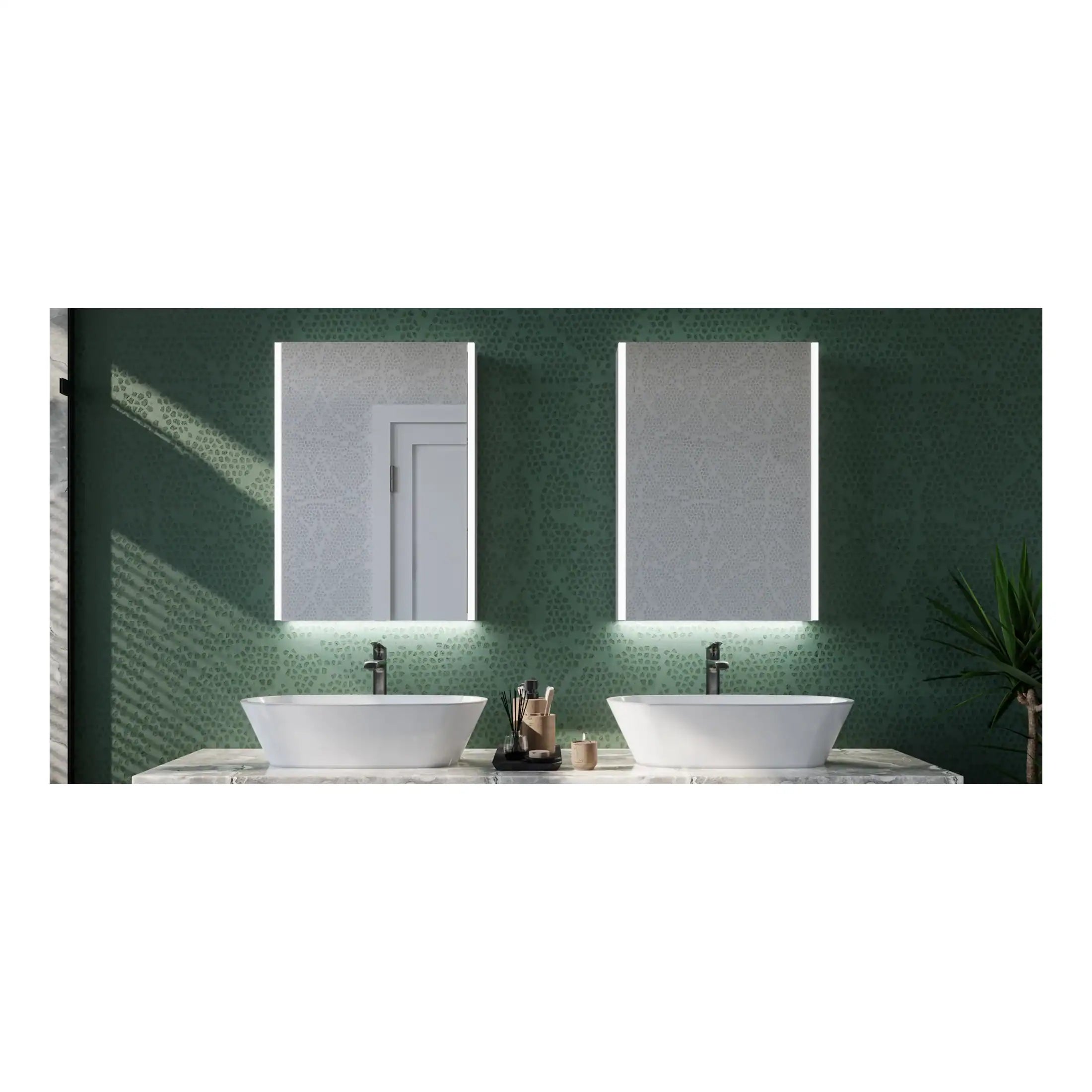 Luxurious double bathroom vanity with modern vessel sinks, backlit mirrors, and a stylish green textured wall, creating an elegant and contemporary bathroom space.