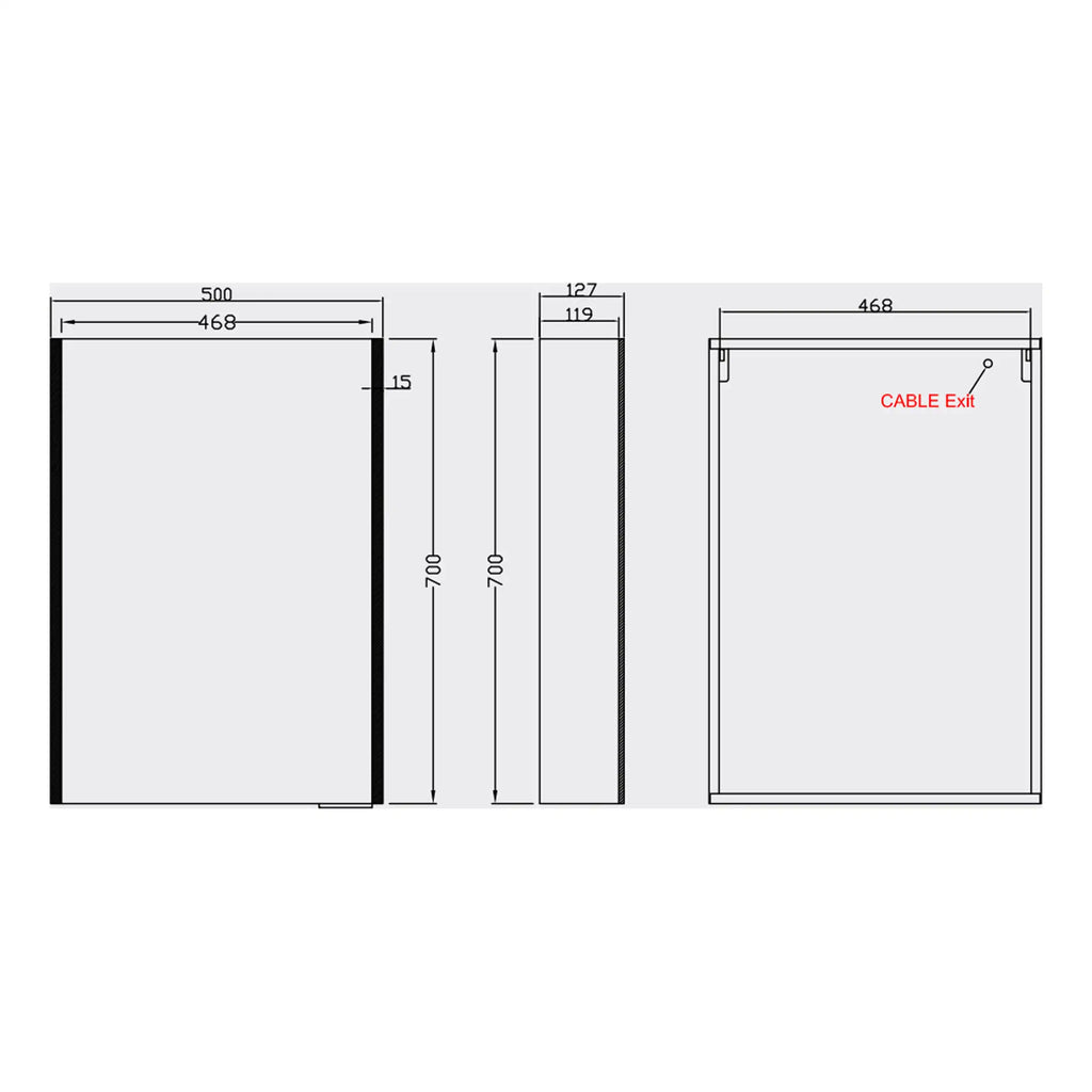 1749x800 - Modern bathroom electrical panel with detailed technical blueprint, including dimensions and cable exit point, designed for bathroom renovations and safety compliance.