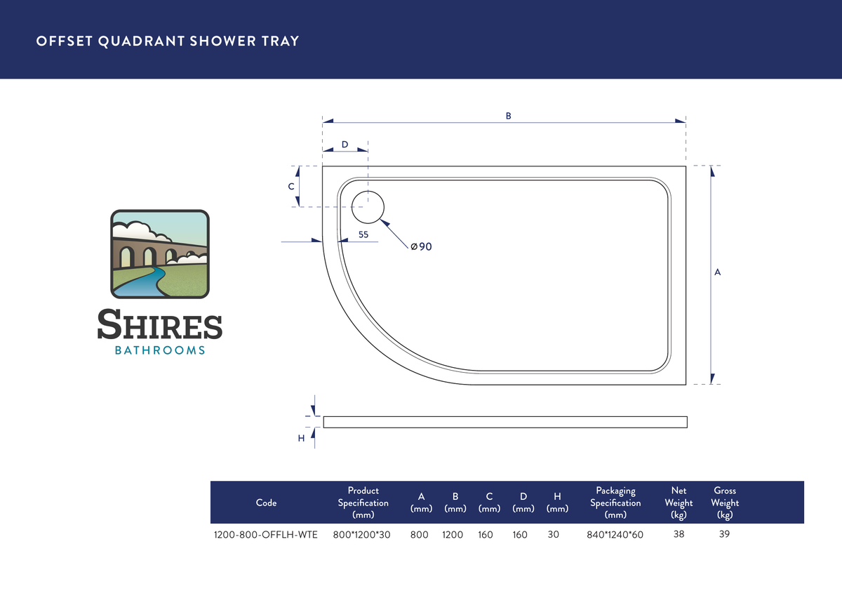 Scudo Shires Offset Quadrant White Shower Tray - technical drawing with dimensions