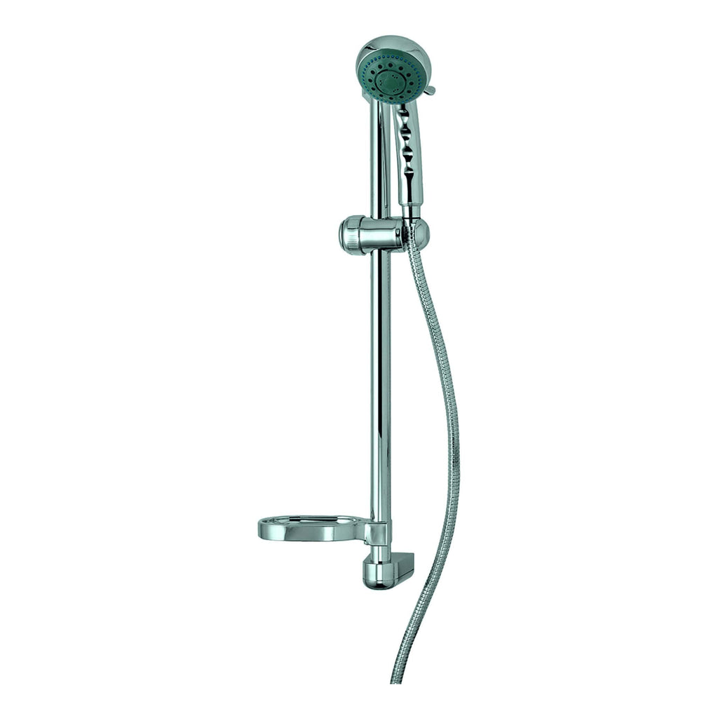 Polished chrome handheld showerhead and rail from Bubly Bathrooms, ideal for modern bathroom renovations and shower upgrades.