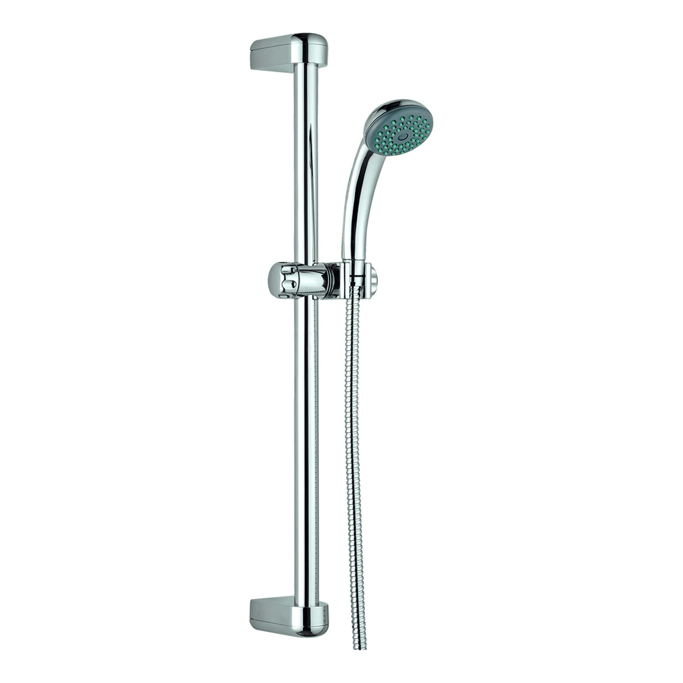 Shower rail and handheld showerhead in polished chrome, ideal for modern bathrooms, offering adjustable height and versatile water flow for an enhanced shower experience.