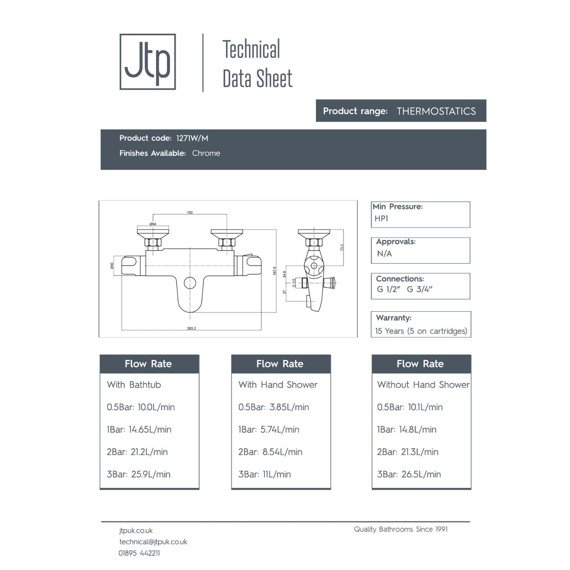 High-quality bathroom thermostatic tap with chrome finish, suitable for浴室, bathroom accessories, and plumbing installations, featuring detailed technical specifications and flow rate options for optimal shower and bath control.