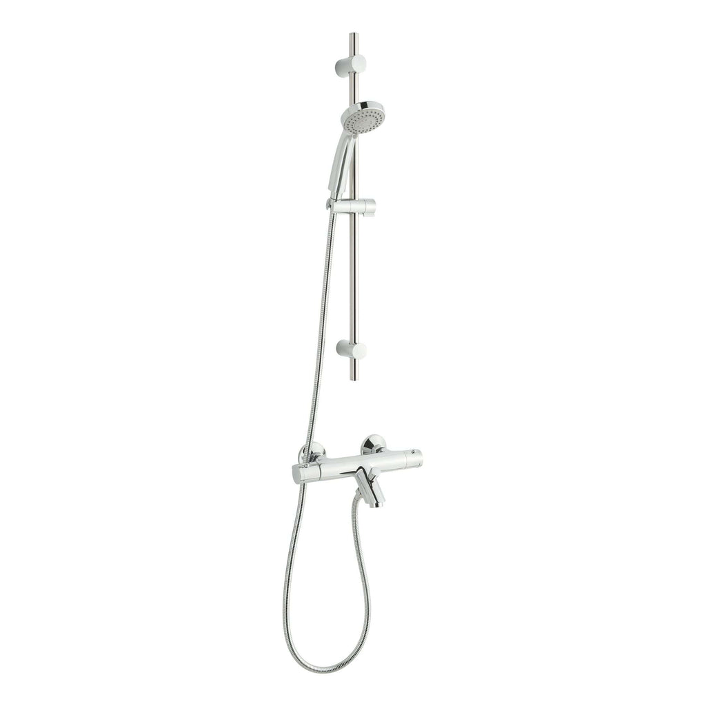 Sleek chrome shower rail with adjustable handheld shower head and sliding brackets for modern bathroom decor. Ideal for luxurious, functional shower spaces.