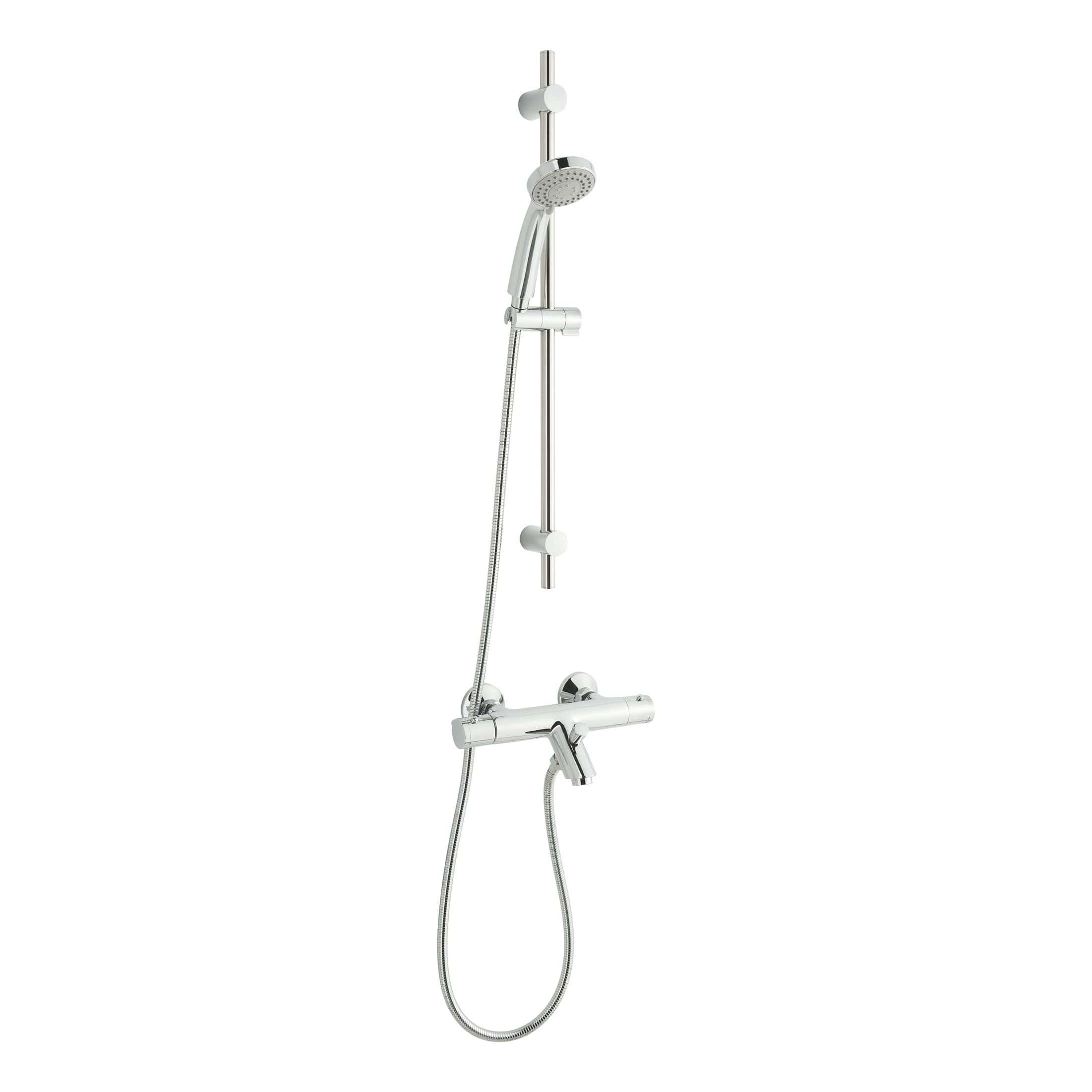 Sleek chrome shower rail with adjustable handheld shower head and sliding brackets for modern bathroom decor. Ideal for luxurious, functional shower spaces.