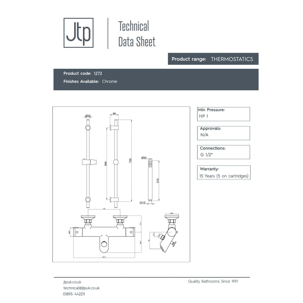Modern Bubly Bathrooms thermoplastic thermostatic mixer tap in chrome finish, with detailed technical drawing and specifications for installation.
