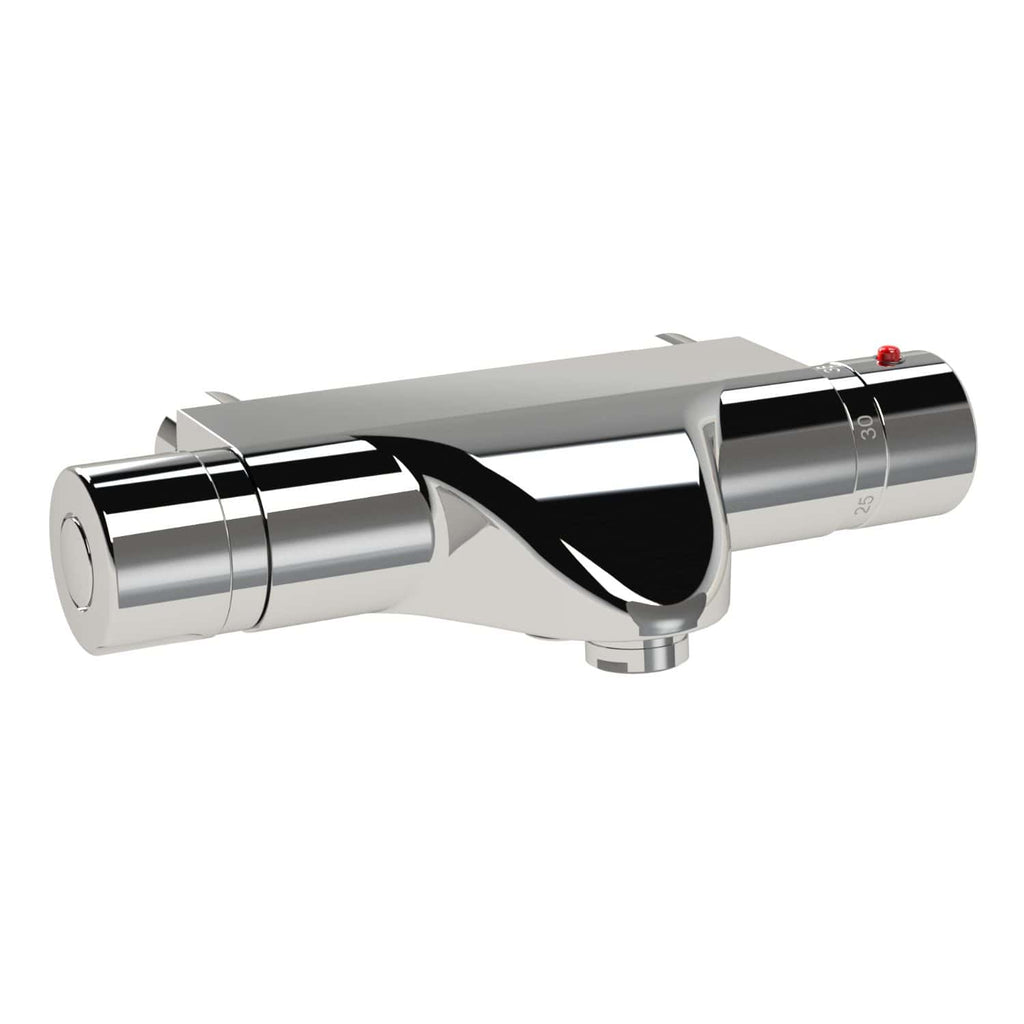 Shower thermostatic mixer valve in polished chrome with temperature control and safety lock, ideal for modern bathroom upgrades and ensuring safe, consistent water temperature.