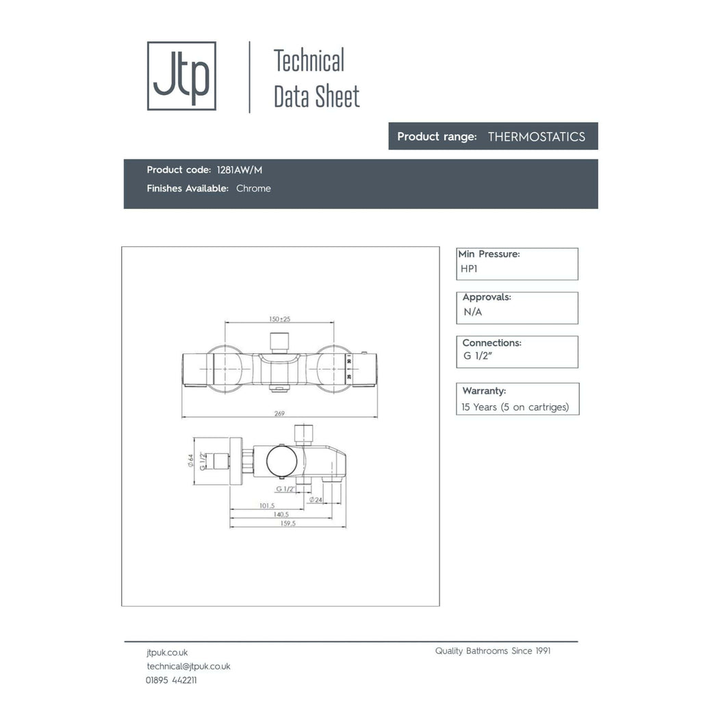 High-quality chrome bathroom thermostat with G 1/2" connections, durable construction, and 15-year warranty, ideal for modern bathrooms and heating systems.