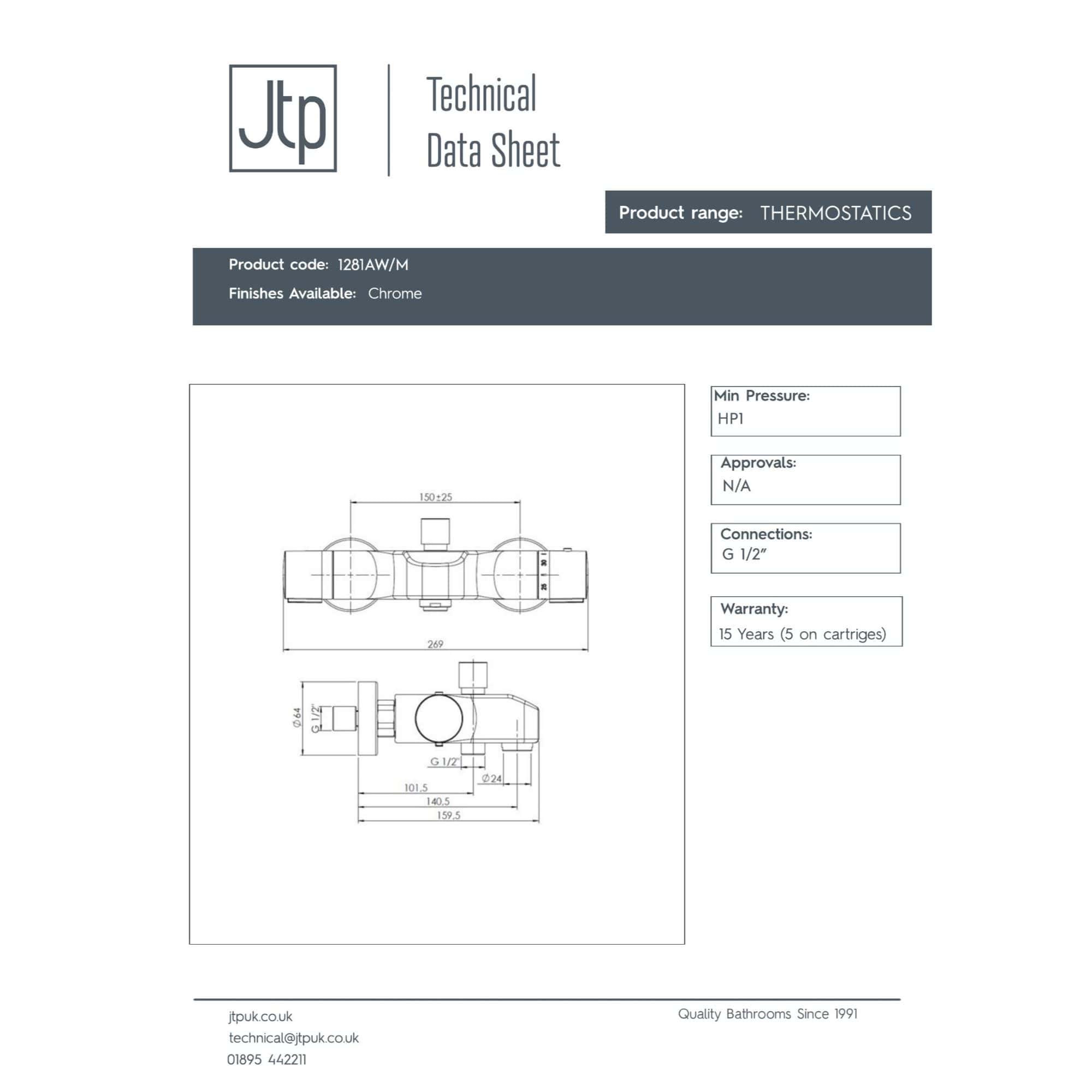 High-quality chrome bathroom thermostat with G 1/2" connections, durable construction, and 15-year warranty, ideal for modern bathrooms and heating systems.