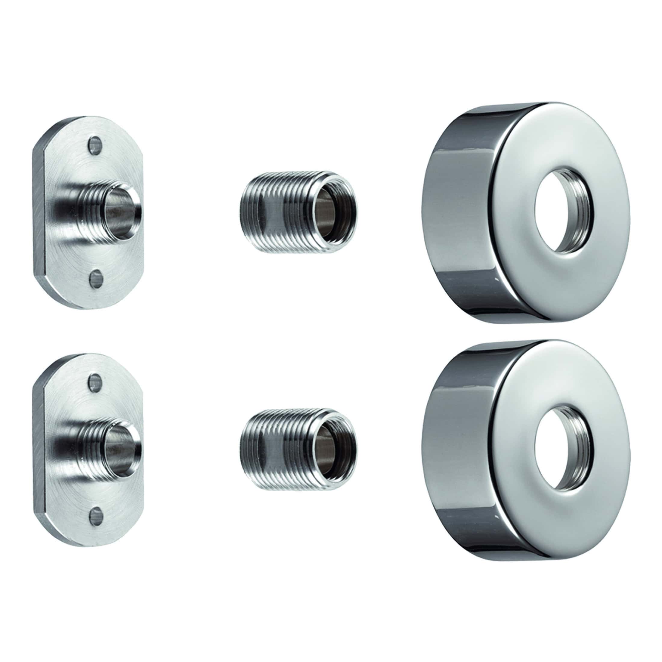 Bright chrome bathroom accessories and fittings for modern shower installations, including wall mounts, adapters, and circular trims, perfect for upgrading bathroom fixtures.