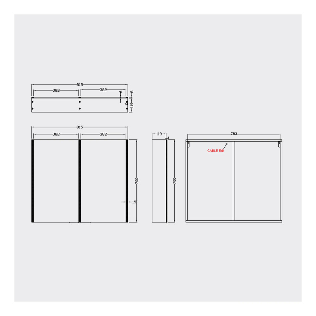 High-quality bathroom enclosure with precise dimensions and cable exit details, ideal for modern bathroom design and renovation projects. Suitable for custom fit and space optimisation.