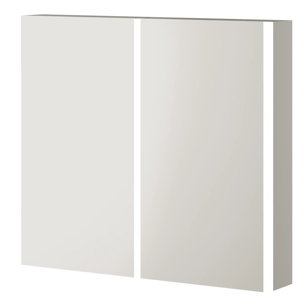 Sleek white bathroom mirror with three panels, modern minimalist design, ideal for contemporary bathrooms, enhances space and light.