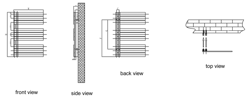 Reina Pettino Black Heated Towel Rail - technical drawing with dimensions