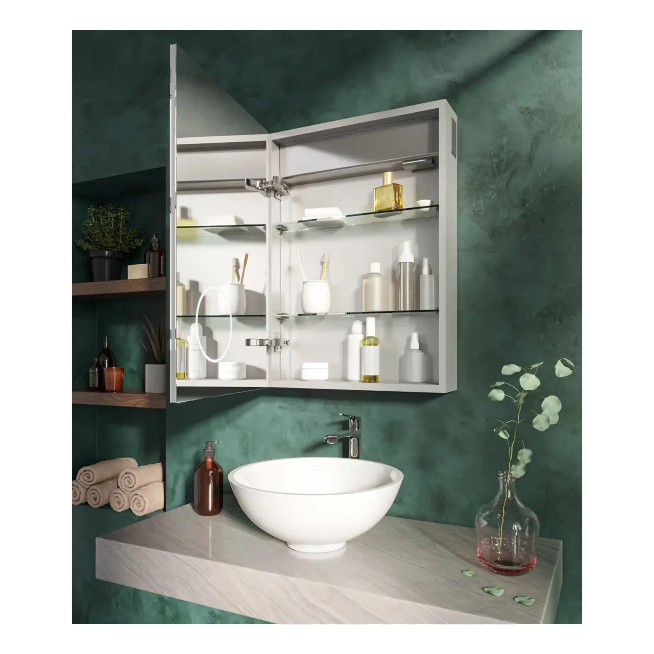 Sleek white bathroom mirror cabinet with glass shelves displaying toiletries in modern bathroom setting.