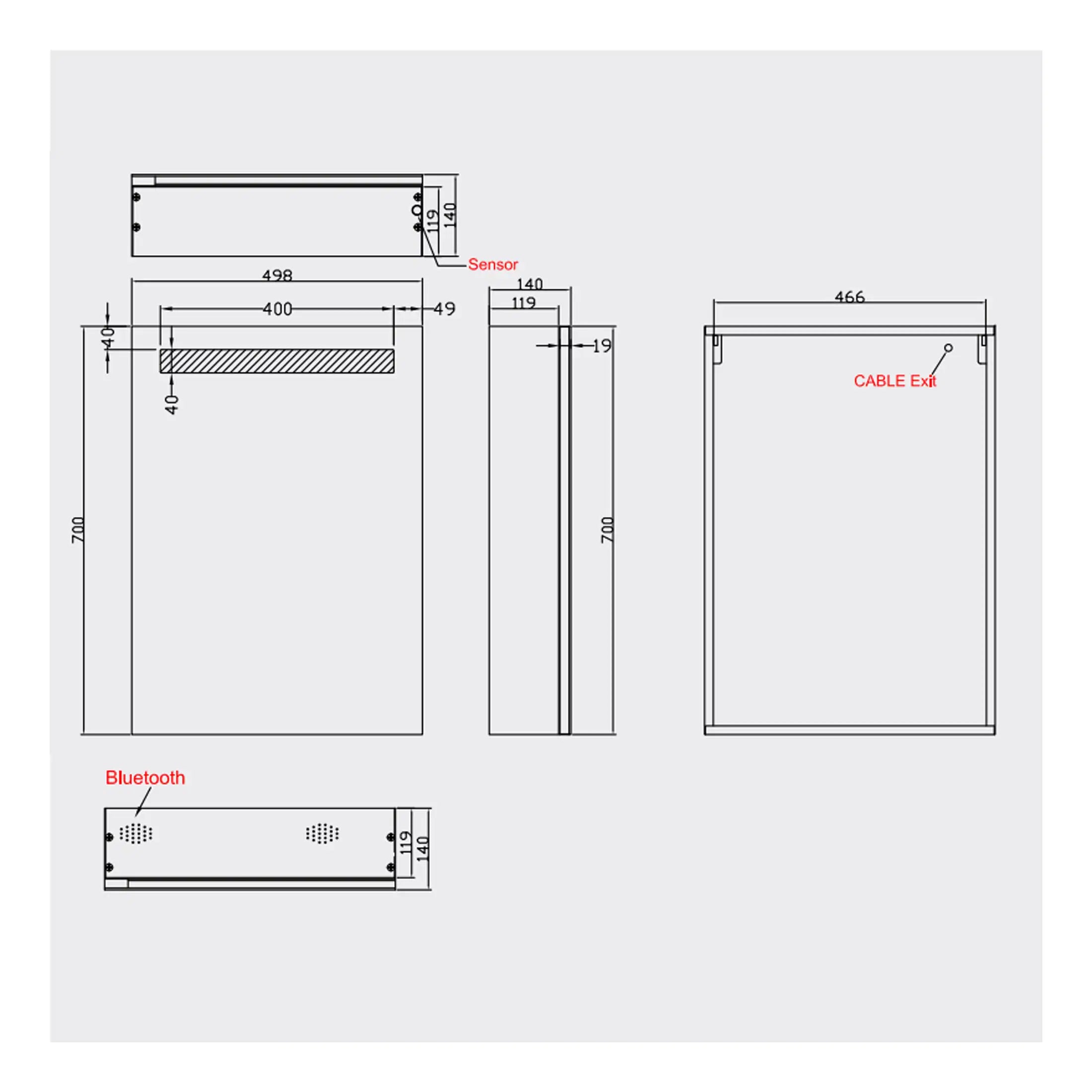High-tech bathroom control panel with sensor, Bluetooth speakers, cable exit, and sleek design, ideal for modern Bubly bathrooms.