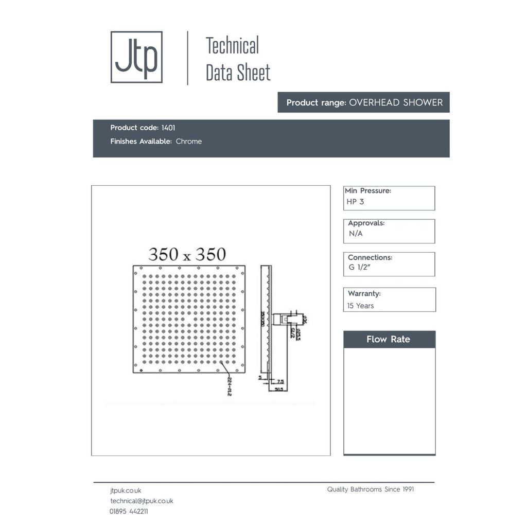 Overhead shower technical data sheet with chrome finish, featuring dimensions, flow rate, pressure, and connection details for modern bathroom installations.