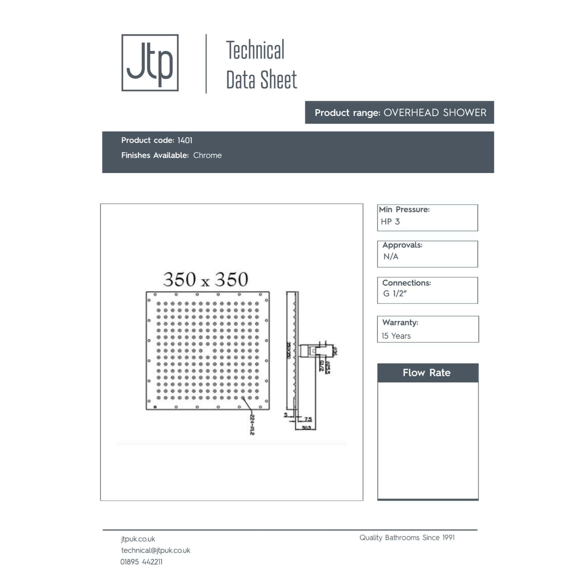 Overhead shower technical data sheet with chrome finish, featuring dimensions, flow rate, pressure, and connection details for modern bathroom installations.