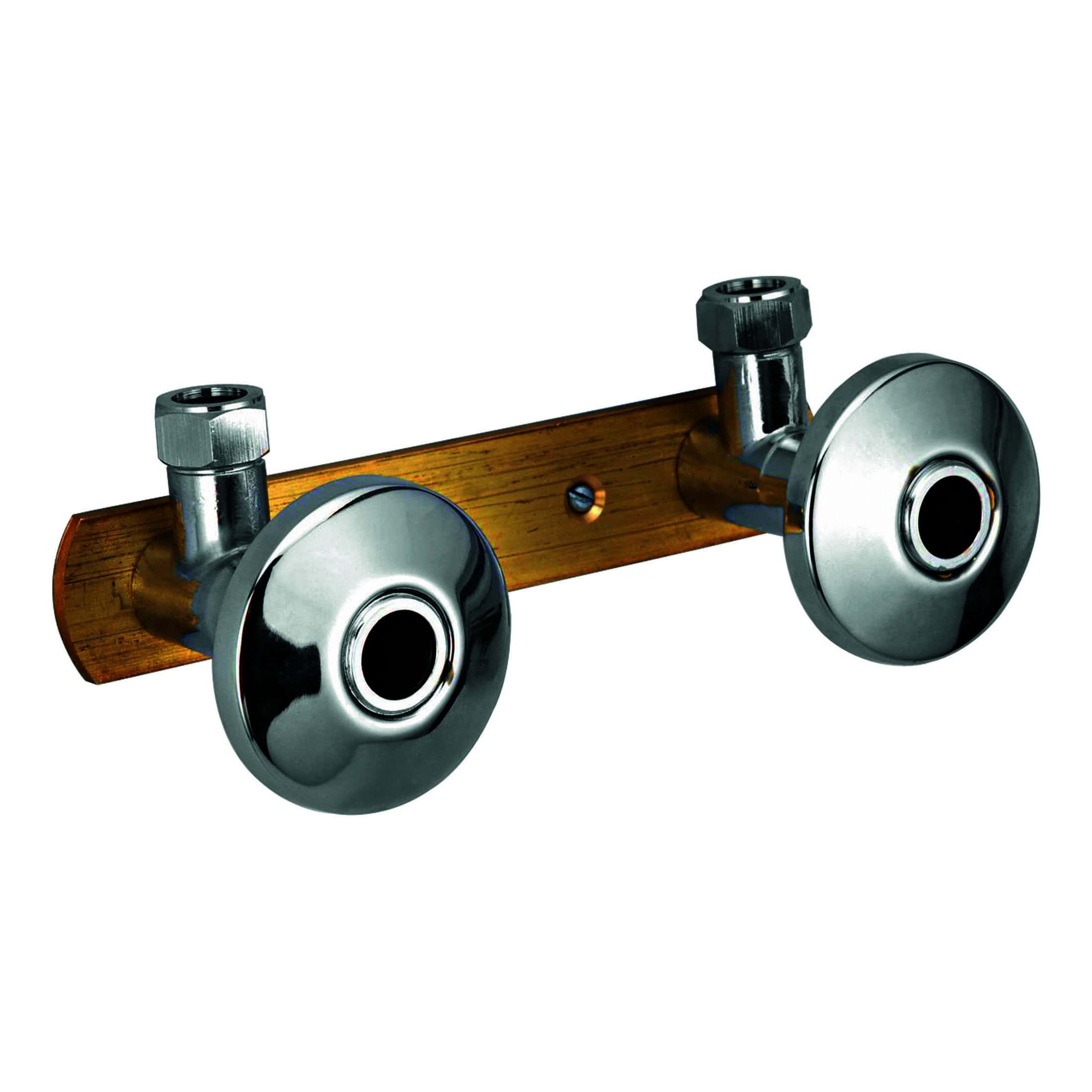 Chrome-plated bathroom sink tap mount with wooden mounting plate for modern, stylish bathroom fixtures. Perfect for installing dual basin taps, combining durability with aesthetic appeal.