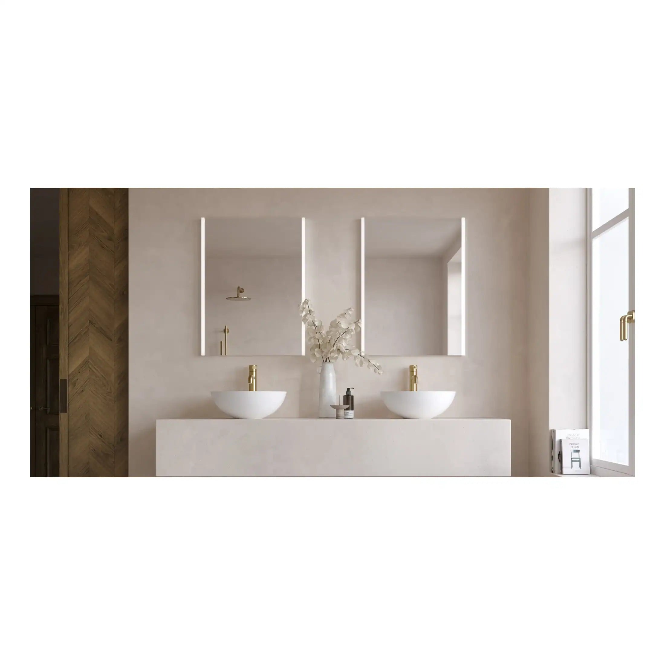 Seamless modern bathroom with dual vessel sinks, sleek gold fixtures, minimalist design, large mirror, and natural lighting, creating a luxurious and serene space.