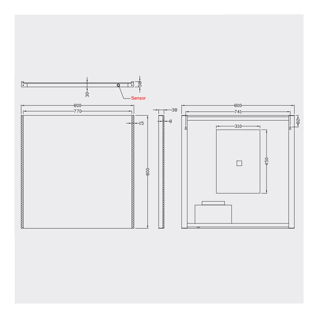 High-tech bathroom shower installation diagram with precise measurements and sensor positioning for modern bathroom design.