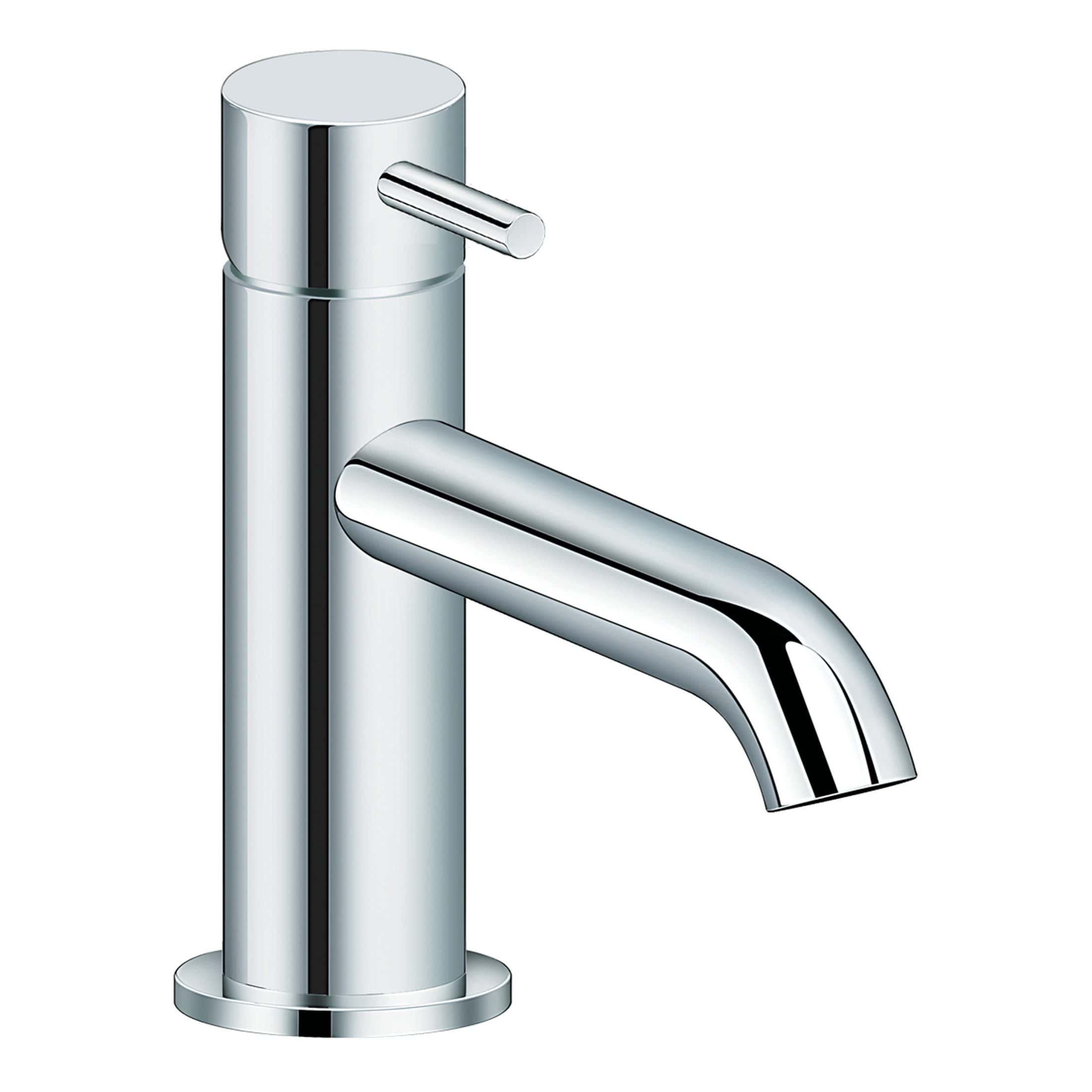 Sleek modern chrome bathroom sink tap with a single lever for hot and cold water, ideal for contemporary bathroom designs.