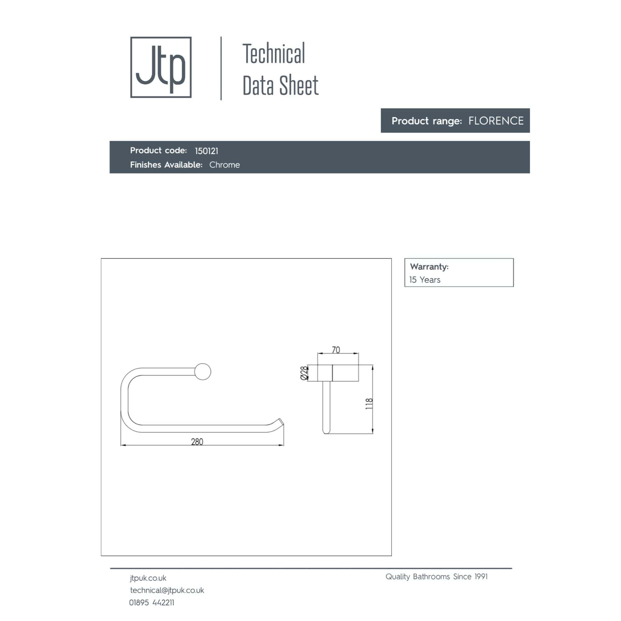 Sleek chrome bathroom towel hook with modern design, 280mm wide and 70mm deep, perfect for stylish and functional bathroom organisation.