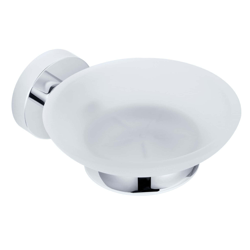Sleek white soap dish with chrome mount, ideal for modern bathrooms, designed to keep soap dry and accessible, enhancing bathroom organisation and style.