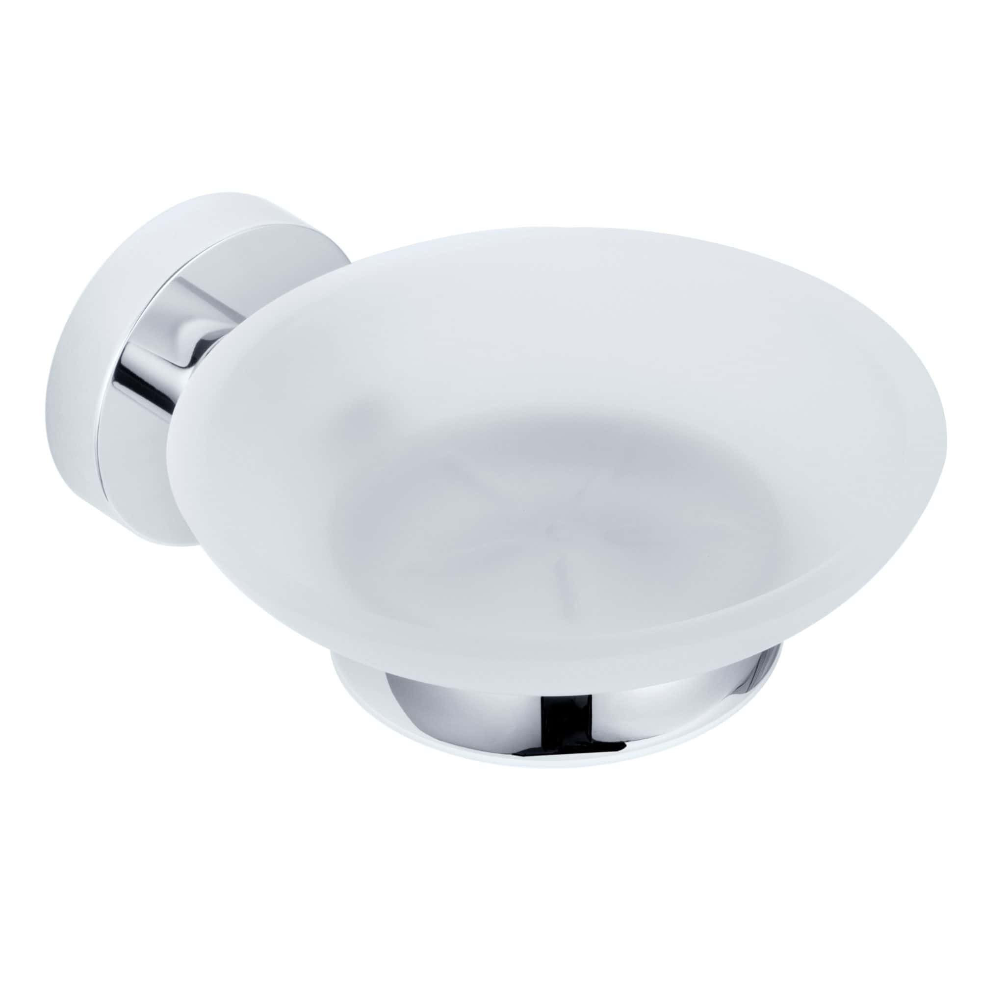 Sleek white soap dish with chrome mount, ideal for modern bathrooms, designed to keep soap dry and accessible, enhancing bathroom organisation and style.
