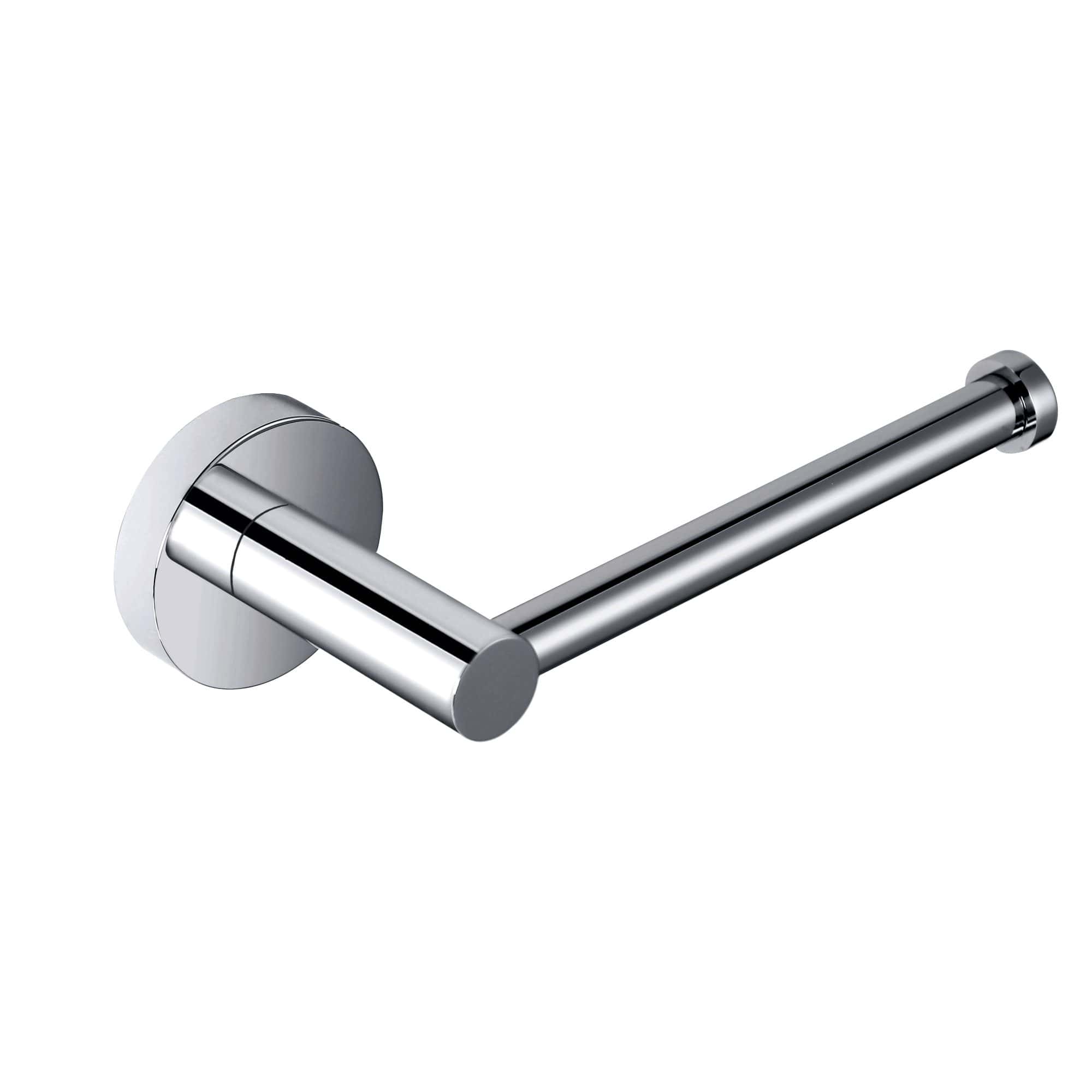 Chrome bathroom toilet paper holder with modern cylindrical design and wall mounting, ideal for contemporary bathrooms. Durable, sleek stainless steel finish for added style and functionality.
