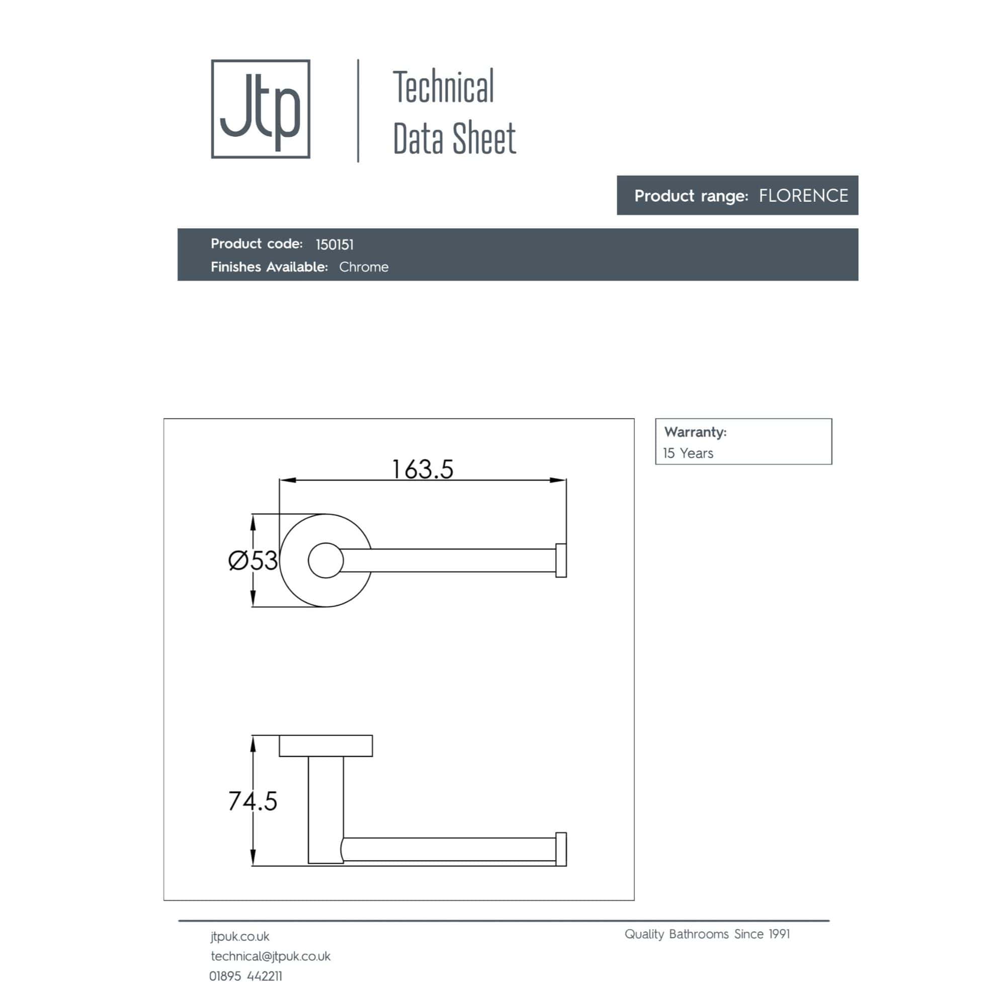 Sleek chrome bathroom towel holder with modern design, 163.5mm length and 53mm diameter, ideal for contemporary bathrooms.