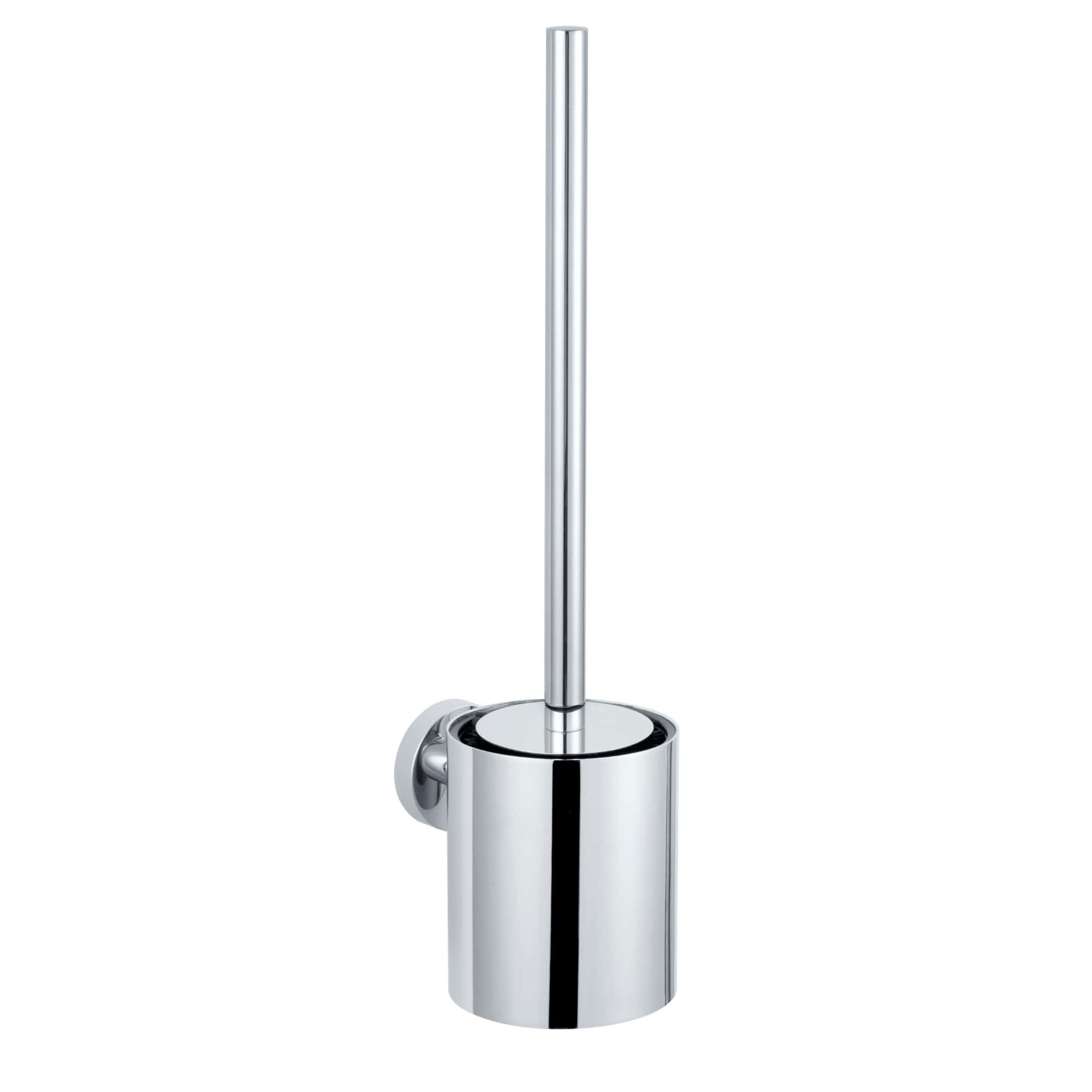 Sleek chrome toilet brush holder set with matching brush, ideal for modern bathrooms and toilet cleaning solutions. Durable and stylish, perfect for maintaining hygiene and style in your bathroom.