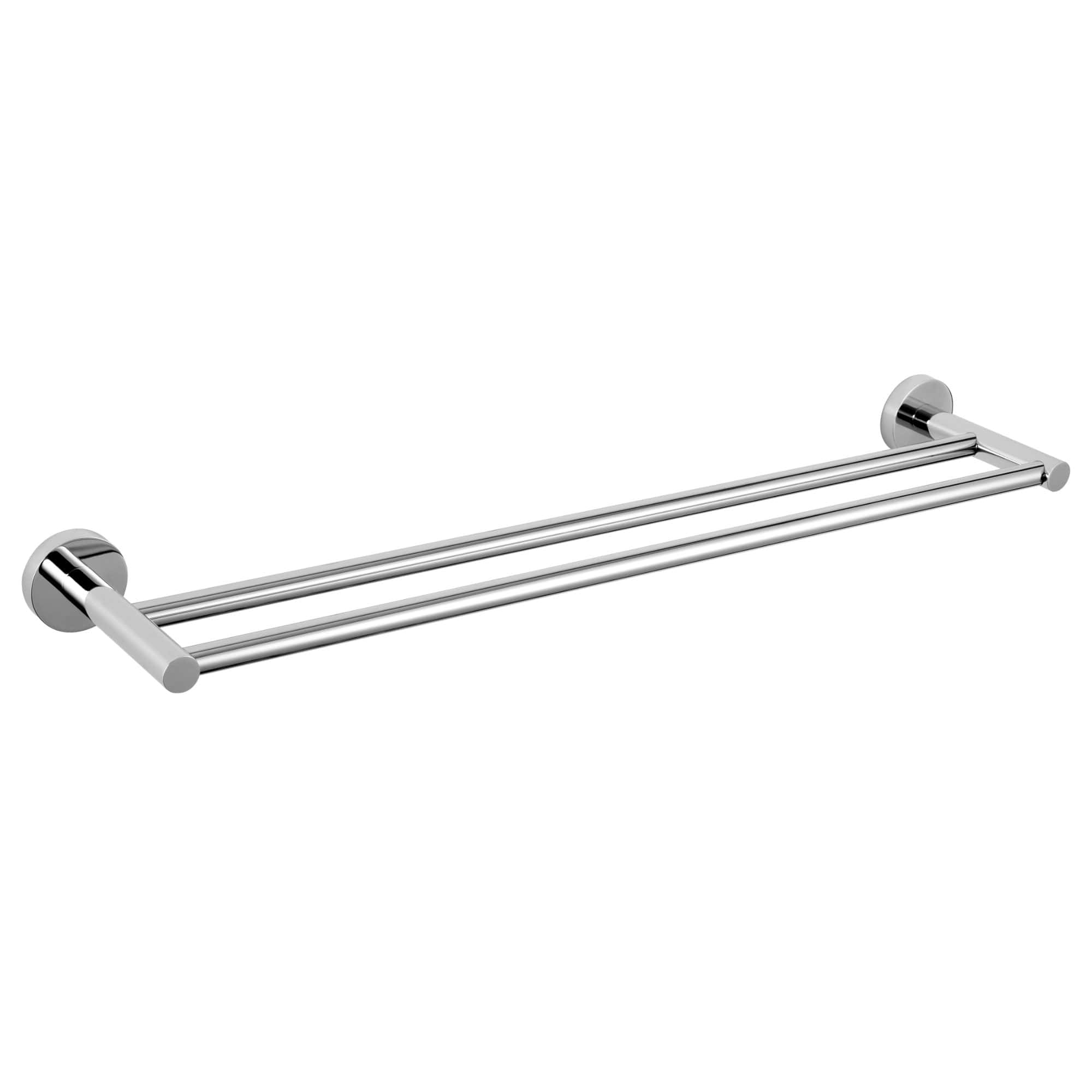 Chrome towel bar for bathroom, double rail design, modern sleek storage for towels and linens, durable stainless steel finish, ideal for contemporary bathroom decor.