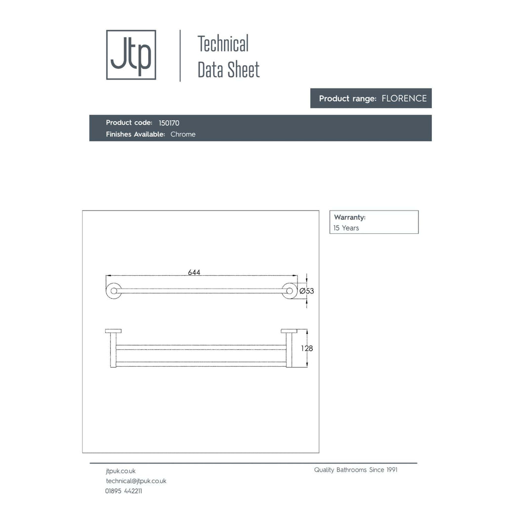 Polished chrome bathroom towel rail, 644mm length, 128mm height, with 53mm diameter pipes, ideal for modern Bubly bathrooms and bathroom accessories.