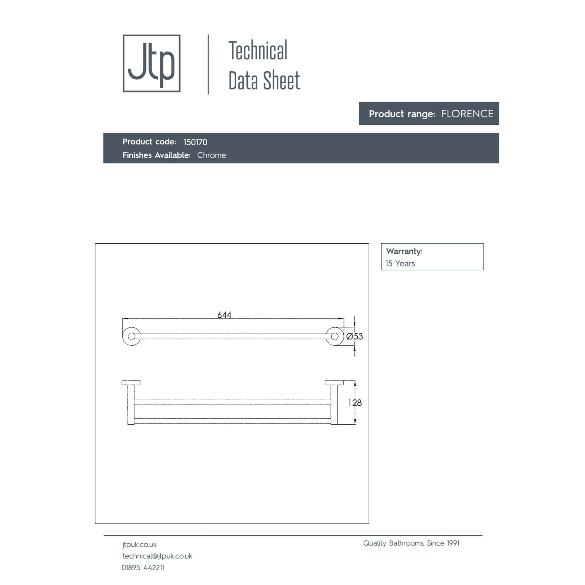 Polished chrome bathroom towel rail, 644mm length, 128mm height, with 53mm diameter pipes, ideal for modern Bubly bathrooms and bathroom accessories.