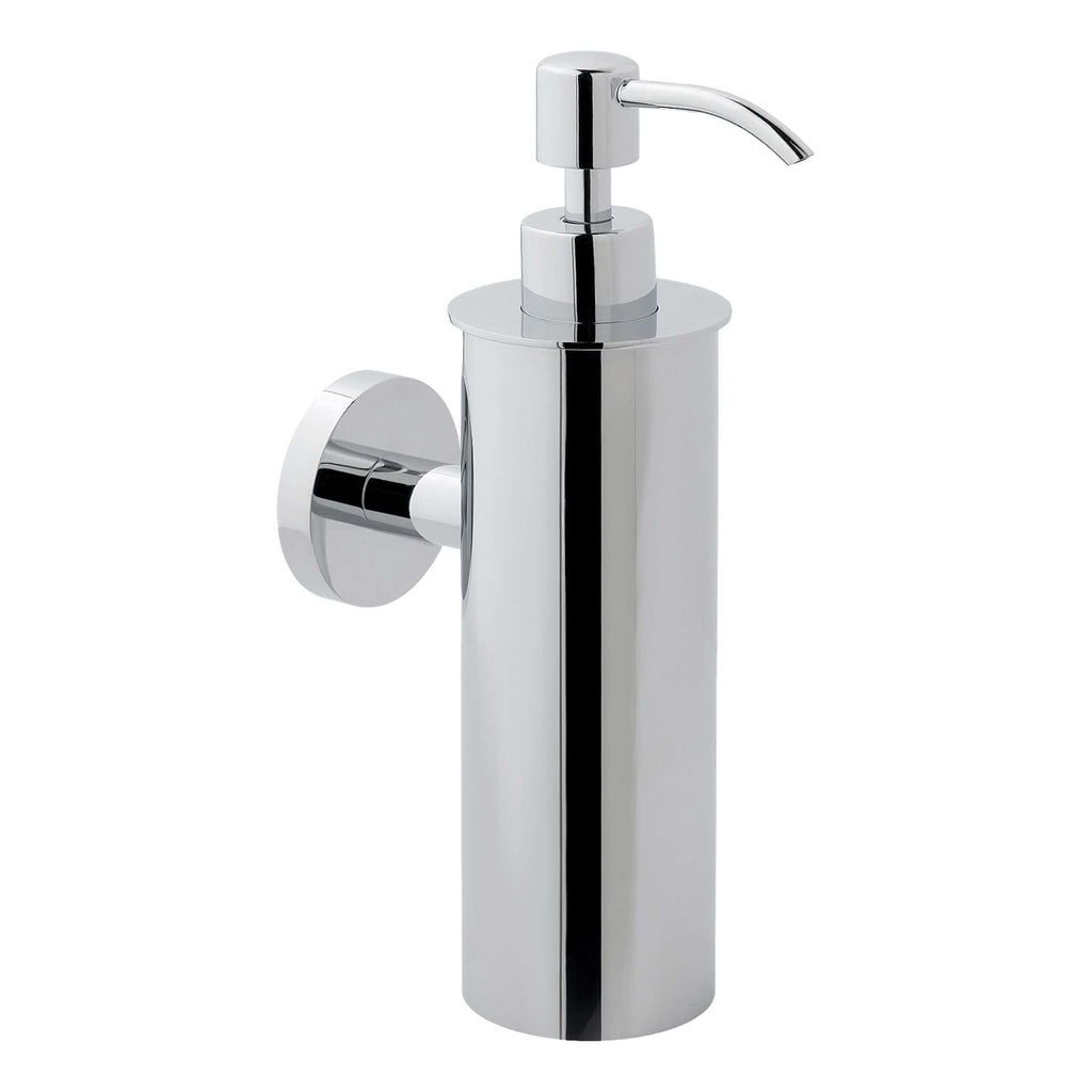 Polished chrome soap dispenser mounted on wall, modern bathroom accessory for convenient hand washing.