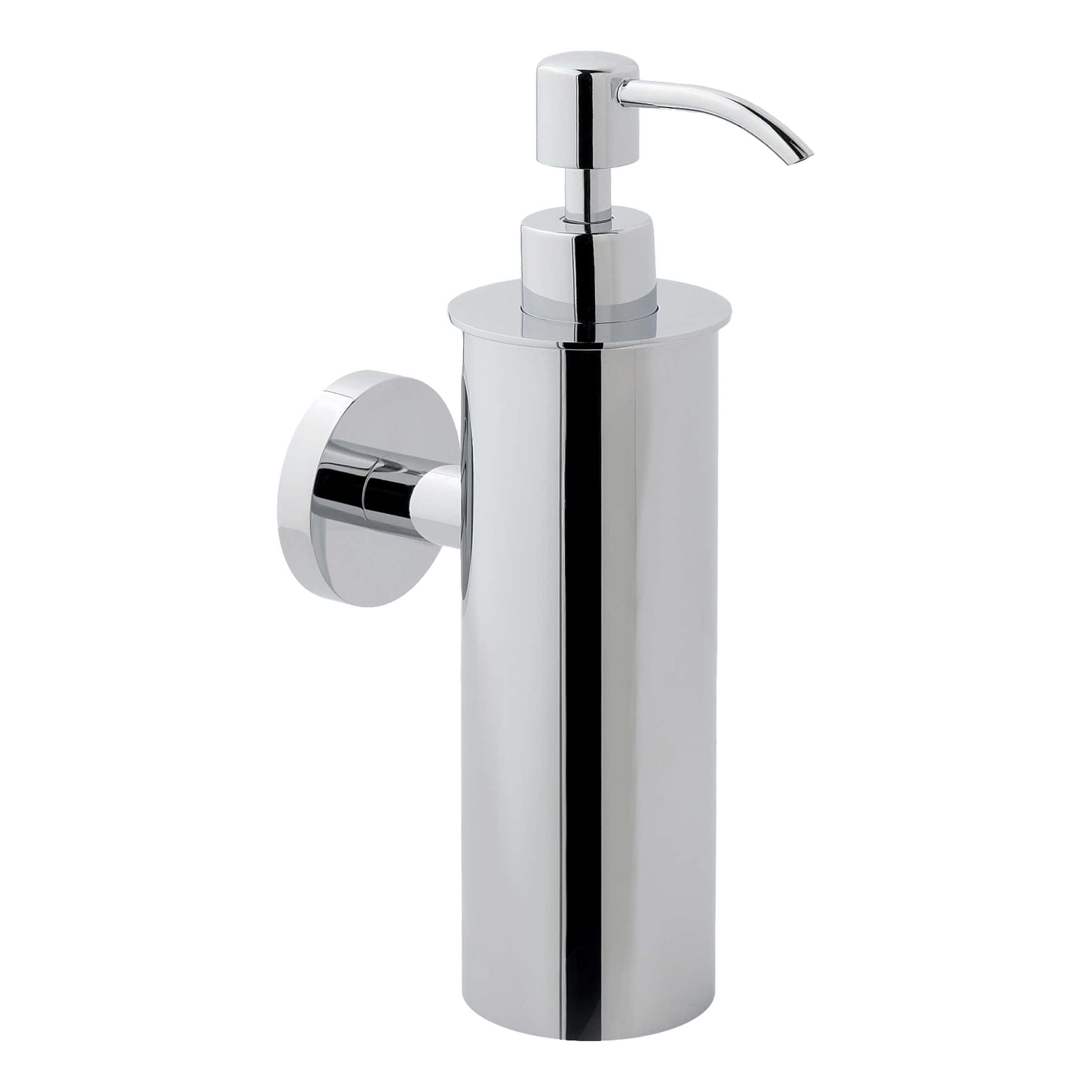 Polished chrome soap dispenser mounted on wall, modern bathroom accessory for convenient hand washing.