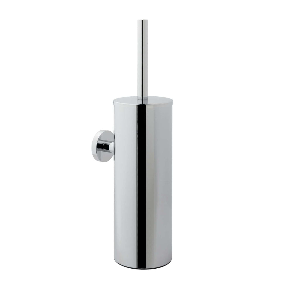 Sleek chrome toilet brush holder with a modern cylindrical design, perfect for stylish bathrooms and toilet cleaning essentials. Durable, easy to clean, and adds elegance to bathroom decor.