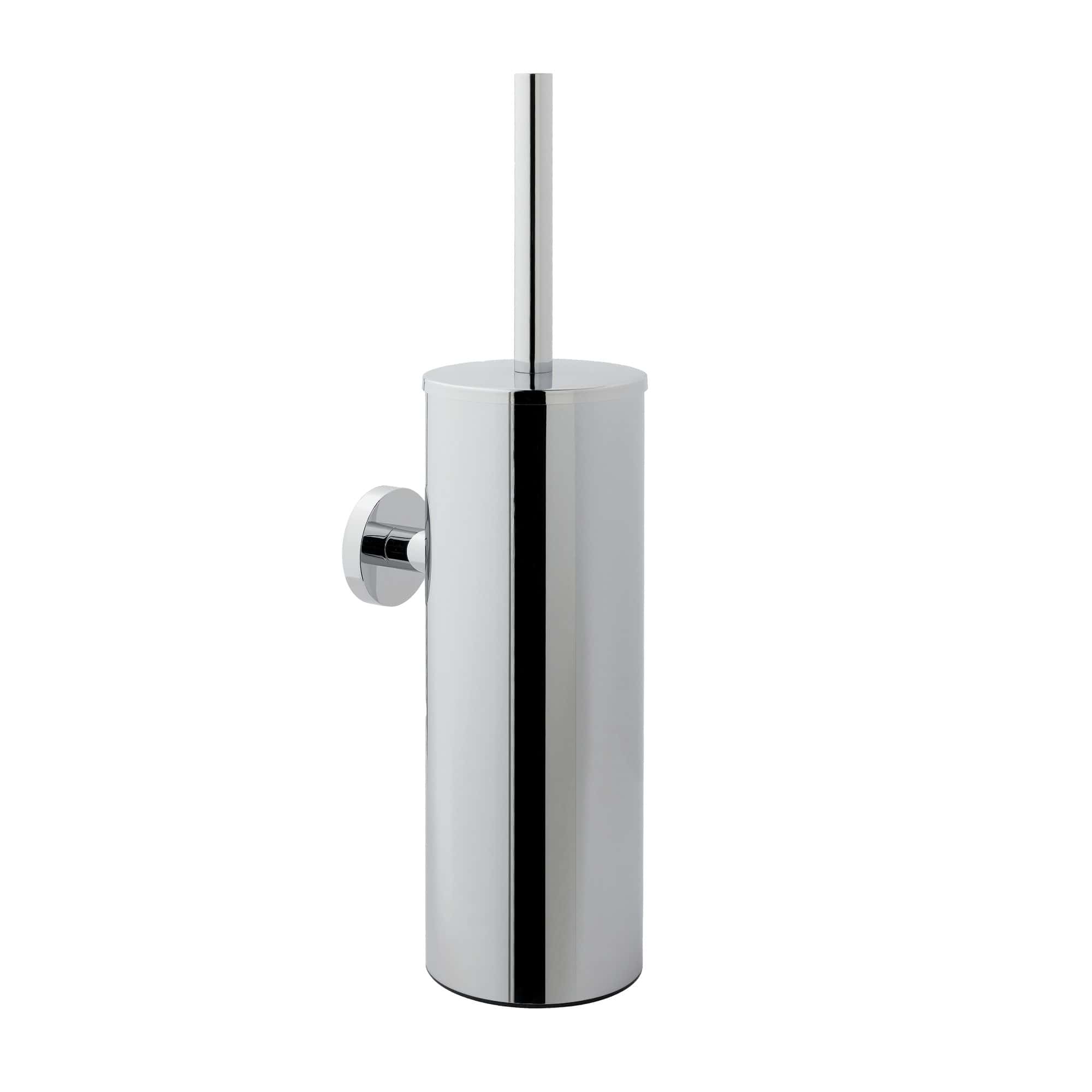 Sleek chrome toilet brush holder with a modern cylindrical design, perfect for stylish bathrooms and toilet cleaning essentials. Durable, easy to clean, and adds elegance to bathroom decor.