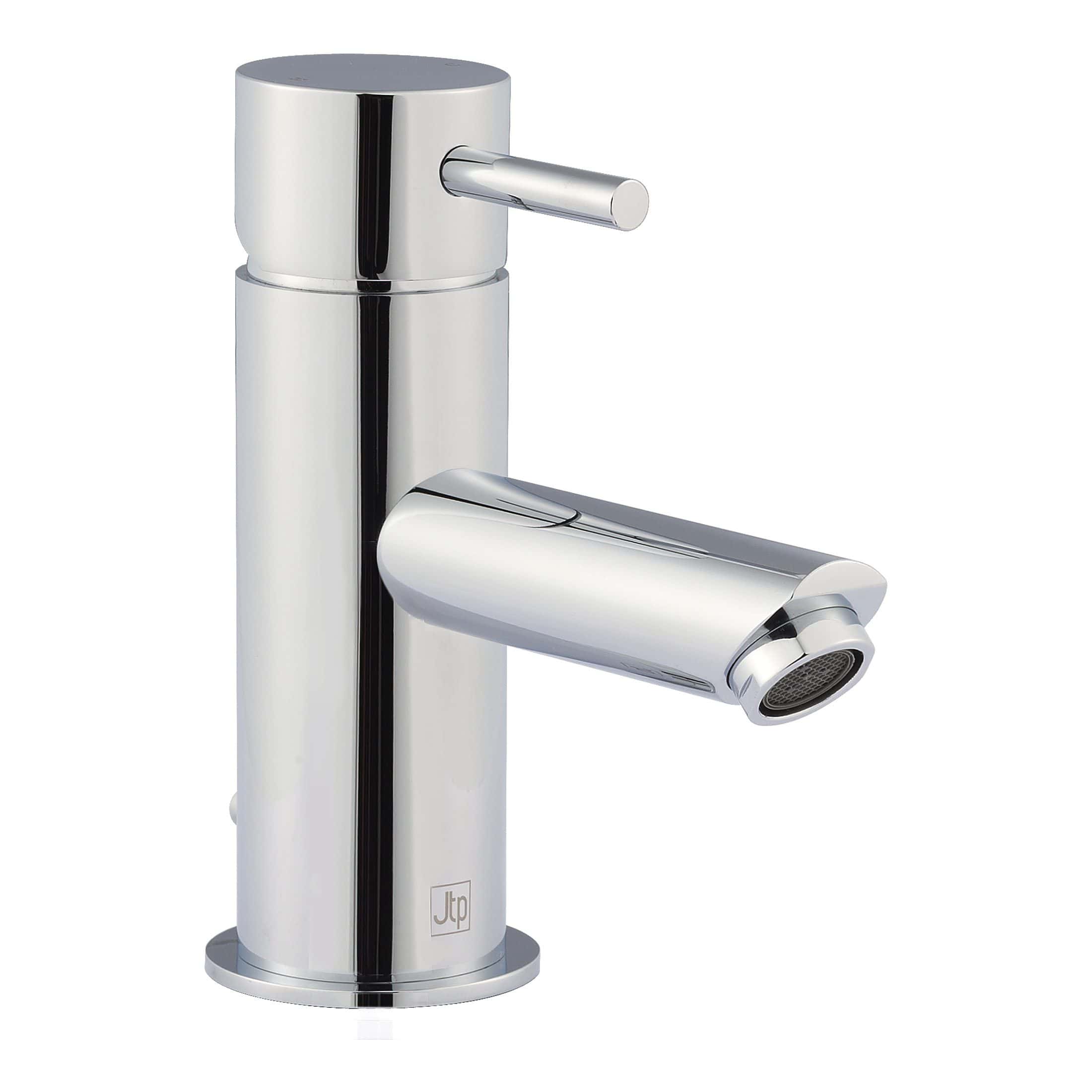 Shiny chrome bathroom tap with a cylindrical design, modern and stylish.