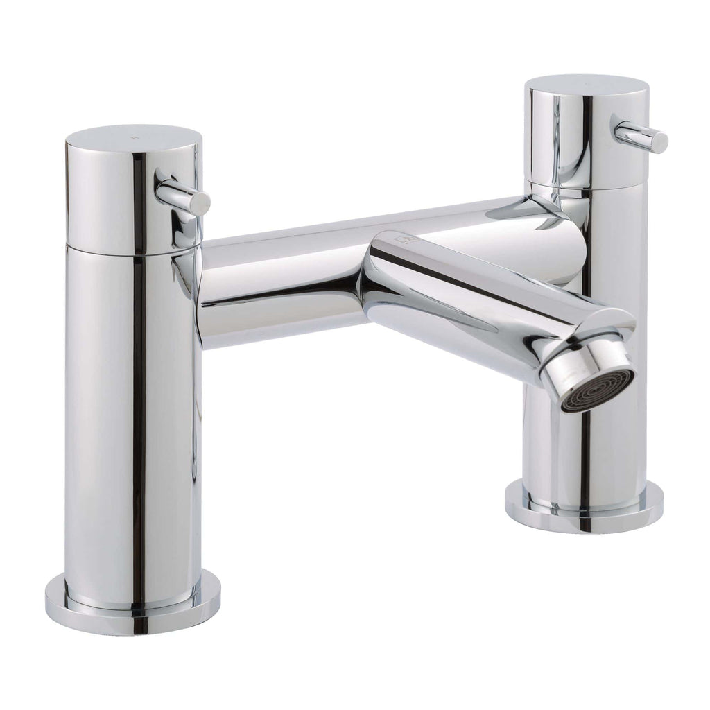Chrome bathroom sink tap with dual handles, modern minimalist design, suitable for contemporary bathrooms. Perfect for installing in upscale bathroom setups.
