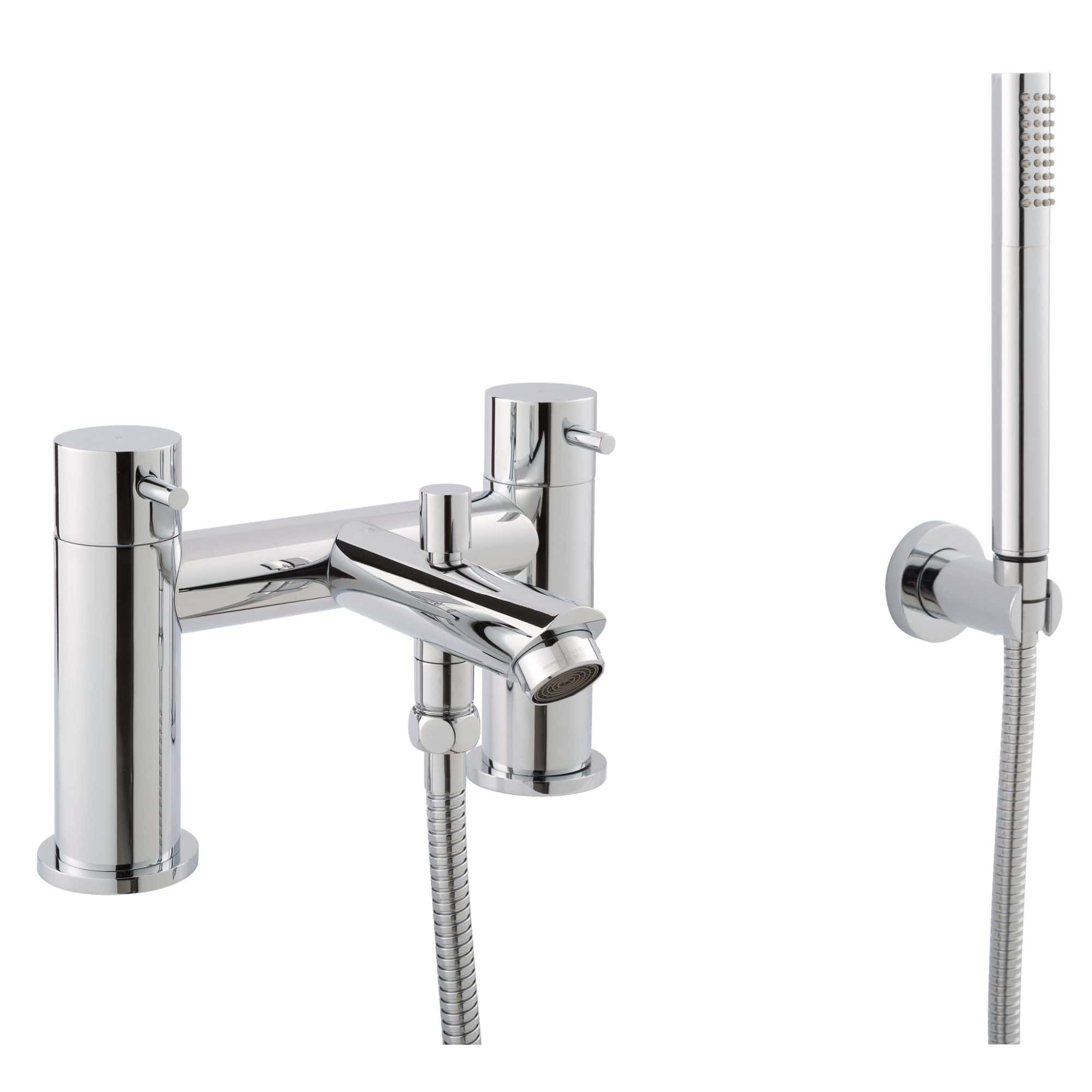 Polished chrome bath filler tap with side valve and twin handheld shower attachment. Modern bathroom fixtures showcasing sleek, high-quality design. Suitable for contemporary or classic bathroom settings.