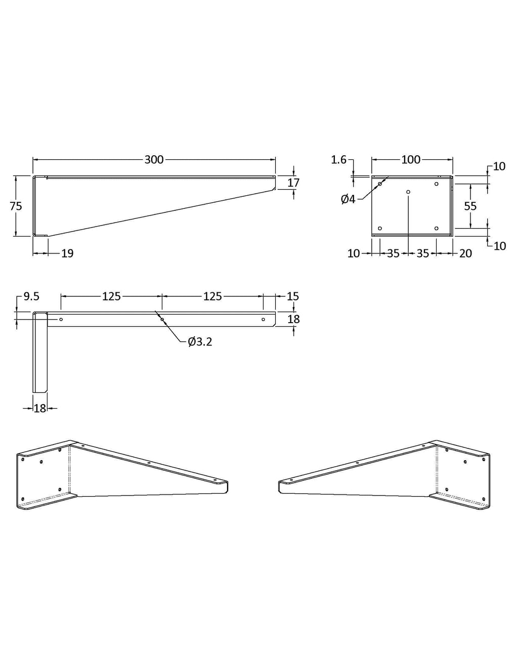 Aluminium bathroom shelf bracket with precise dimensions for fitting and support. Ideal for bathroom storage solutions, showcasing high-quality construction and durability.