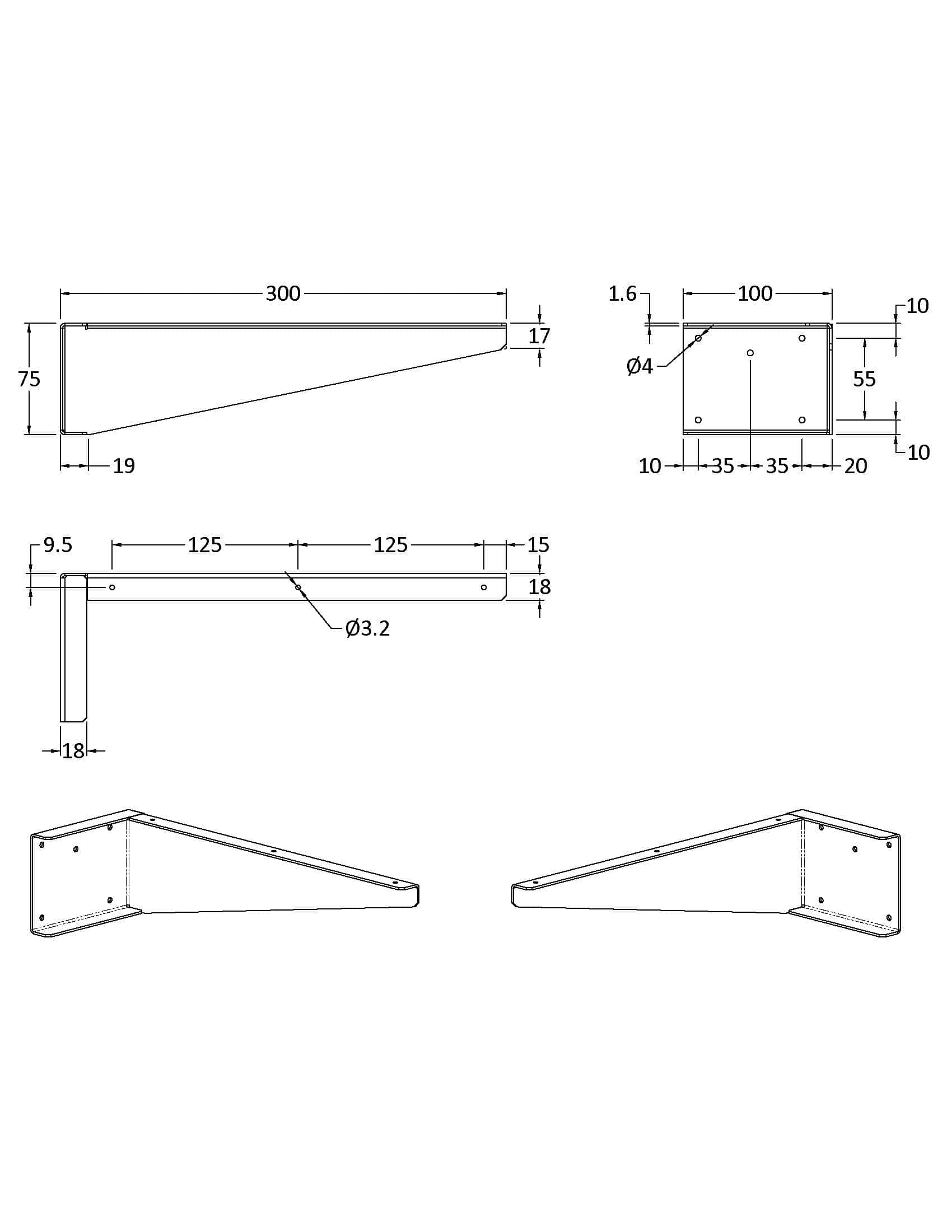 Aluminium bathroom shelf bracket with precise dimensions for fitting and support. Ideal for bathroom storage solutions, showcasing high-quality construction and durability.