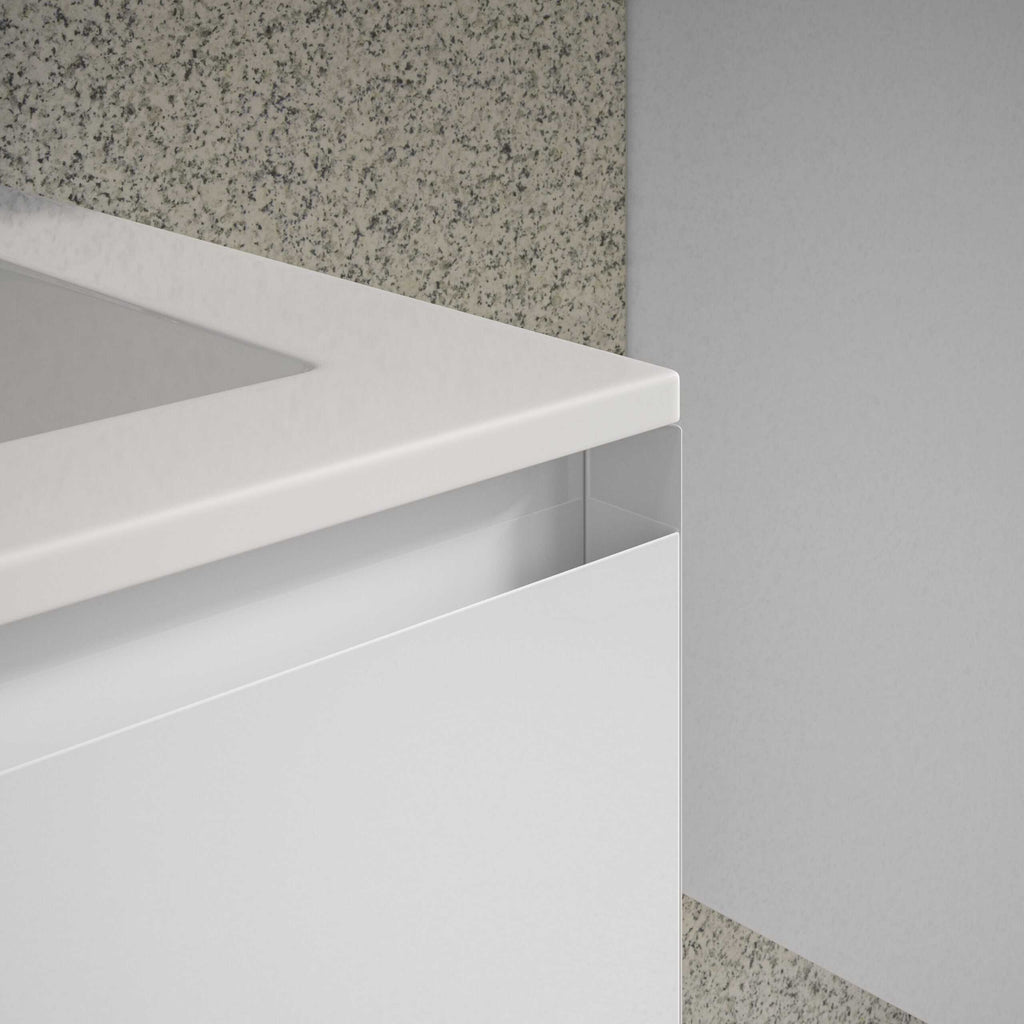 Sleek white bathroom vanity with integrated sink and minimalist design, set against textured and smooth grey wall panels, perfect for modern bathrooms focusing on clean and functional aesthetics.