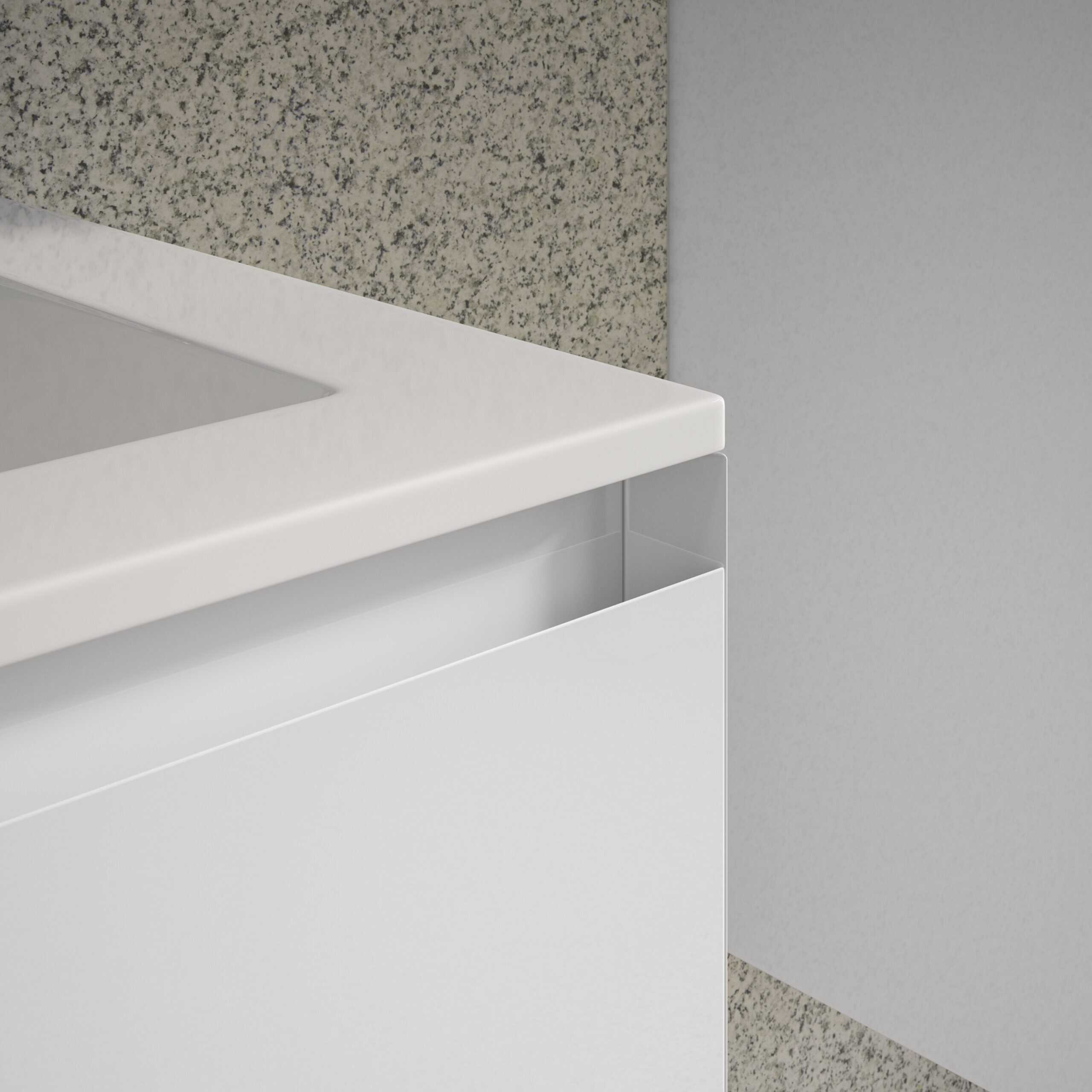 Sleek white bathroom vanity with integrated sink and minimalist design, set against textured and smooth grey wall panels, perfect for modern bathrooms focusing on clean and functional aesthetics.
