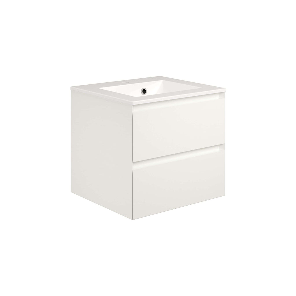 Sleek white bathroom vanity with integrated basin and two spacious drawers, perfect for contemporary bathroom storage and style.